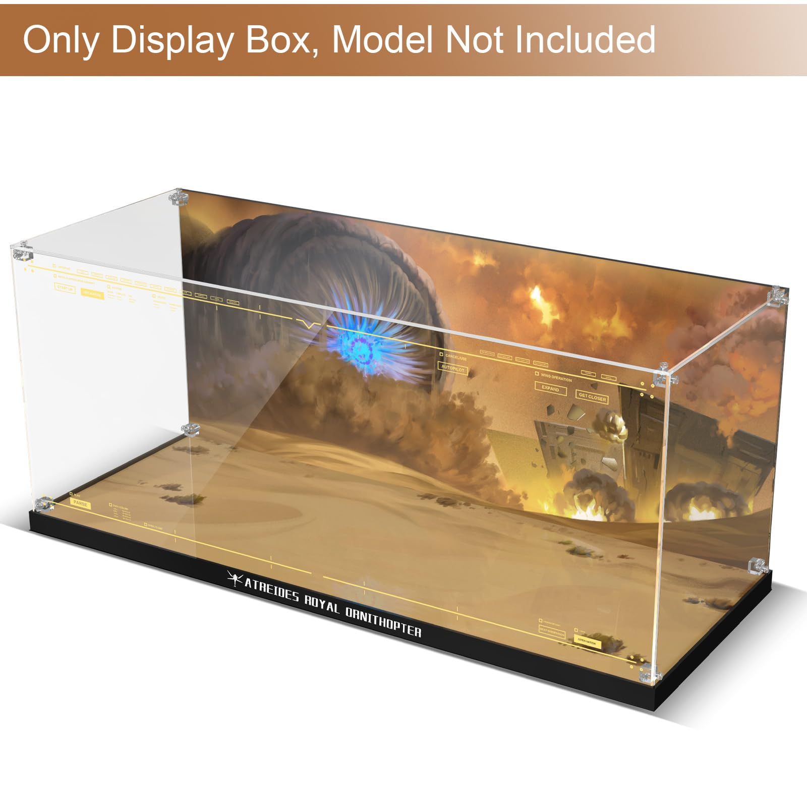 Acrylic Display Case for Lego Dune Atreides Royal Ornithopter 10327 Building Set - Display Box for Dune Inspired Model (Box Only, No Model), Clear Acrylic Plate with Base & HD Painted Background