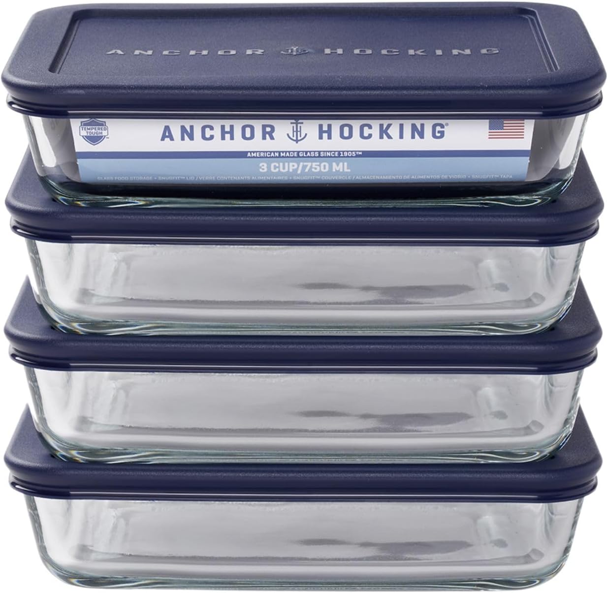 Anchor Hocking SnugFitTM Rectangular Food Storage Containers with Lids (4-Piece, 3-cup, Navy Blue, oven-safe)