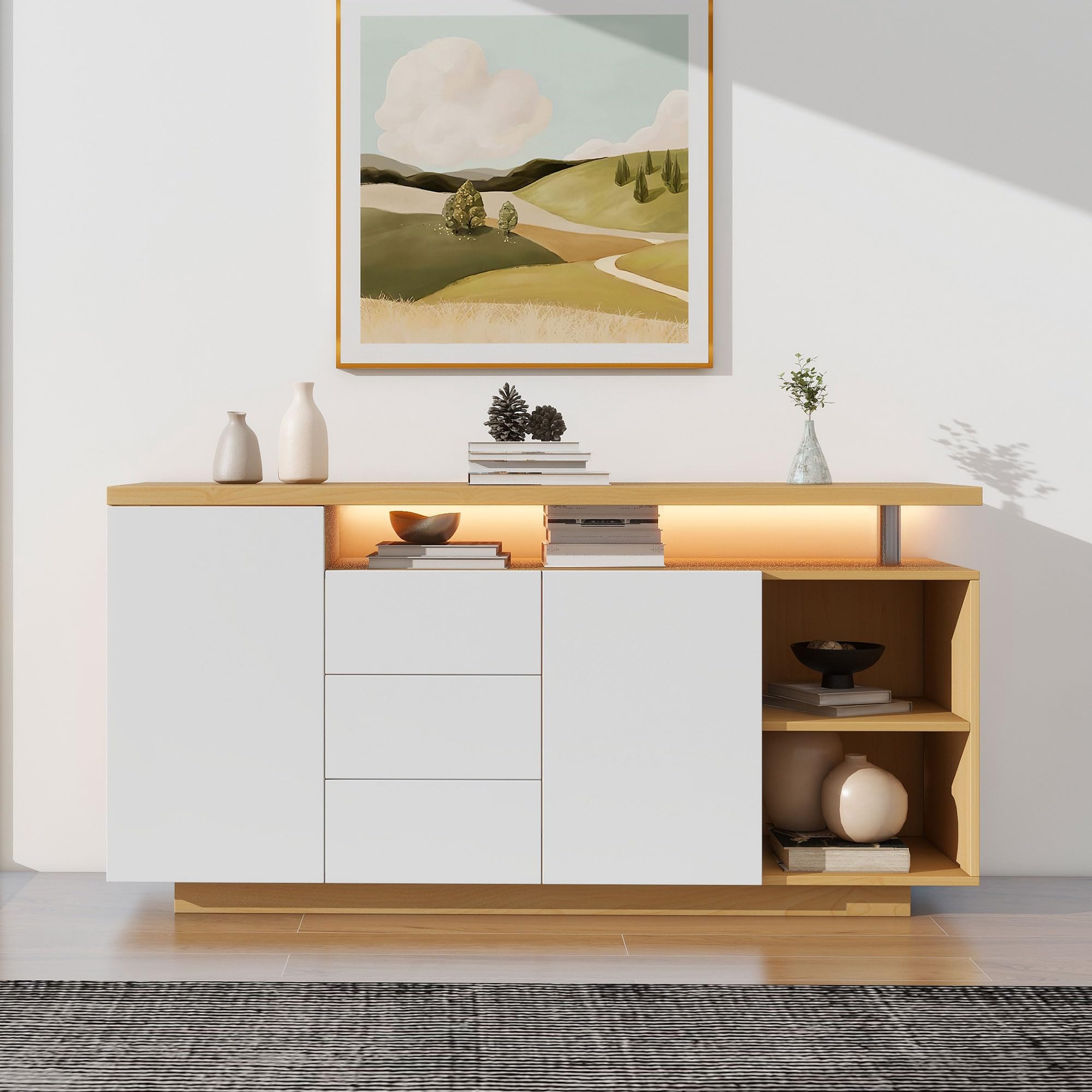 Kebnor Multifunktionales Sideboard, Länge 140 cm, weiß und Holzimitat - 2 Türen, 3 Schubladen, 2 offene Fächer, mit LED-Beleuchtung