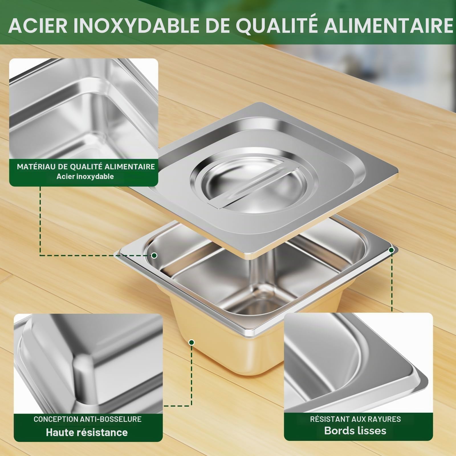 TAIMIKO Bac GN Gastronorm Lot de 6 récipients en acier inoxydable de 100 mm de profondeur - Pour bain Marie - 1 mm d'épaisseur (1/6 poêle, 6 pièces, avec couvercles)