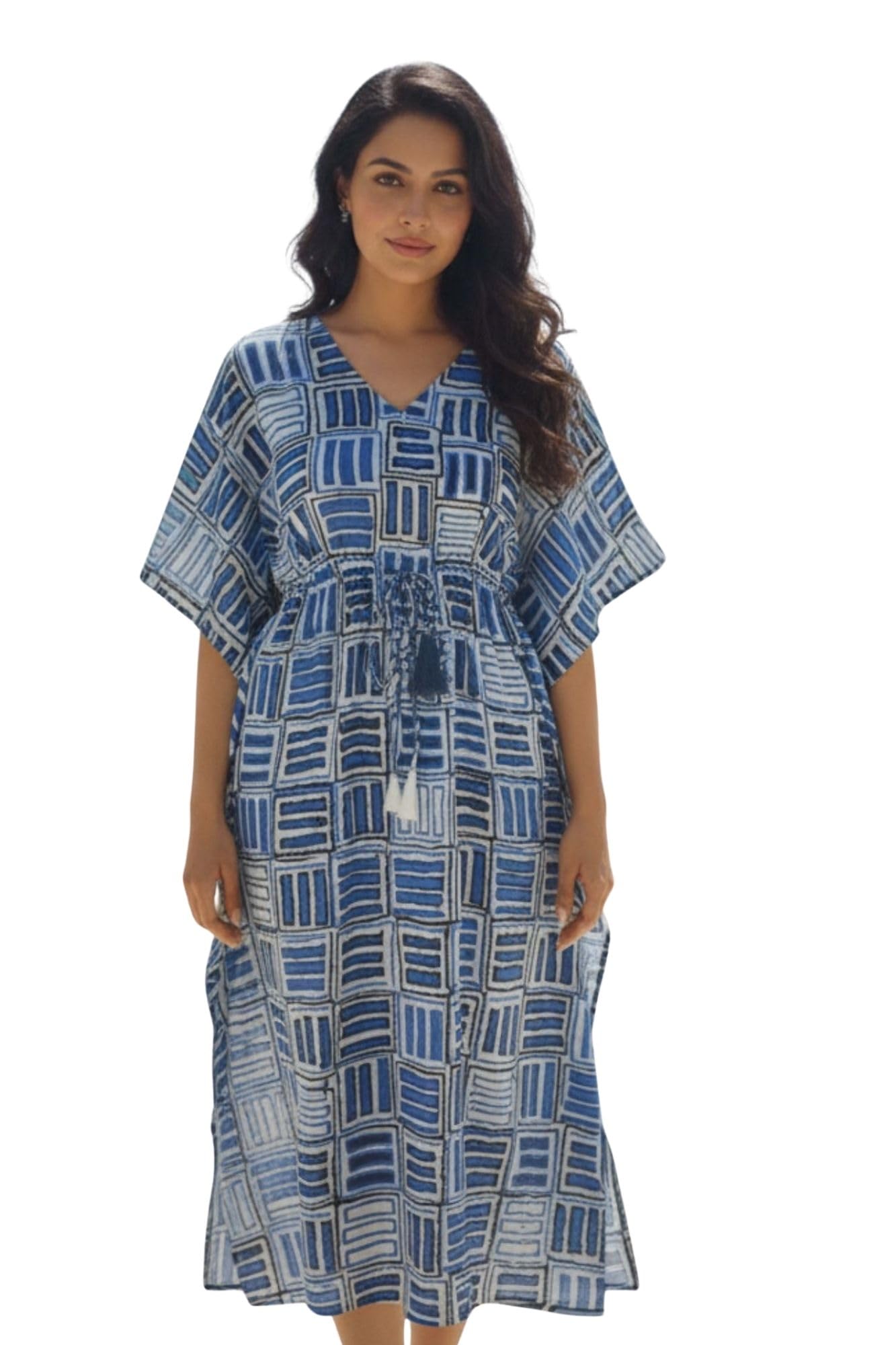 momzjoy Blue Abstract Maternity & Nursing Kaftan | 100% Cotton Dress-picture-29