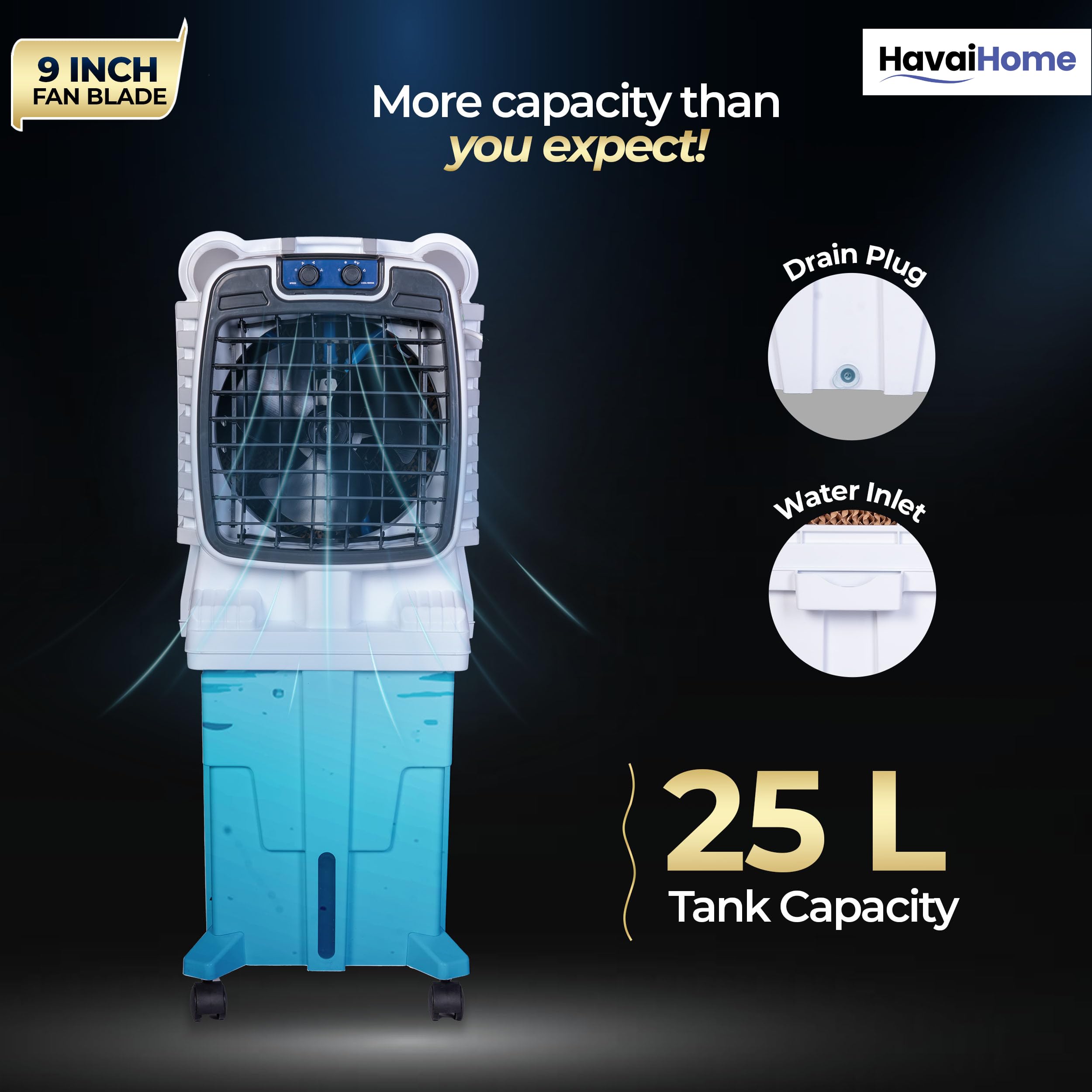 Arizona 9 Personal Air Cooler | India’s First 9-Inch Blade Cooler | 2600 RPM | 2200 m³/hr Delivery | 5 Ft Air Throw | 3-Side Honeycomb | 25L Tank | Motorised Louvers | 120W | Ideal for 50 Sq Ft 1