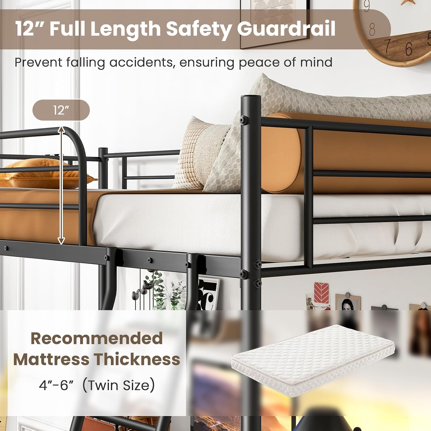 KOTEK Twin Size Metal Loft Bed, Loft Bed Frame with Ladder & Safety Guardrail, Heavy Duty Twin Loft Bed for Teens & Adults, No Box Spring Need, Black