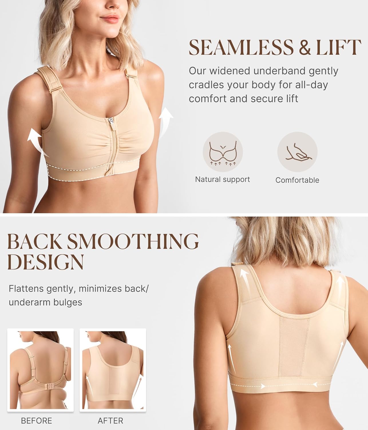BRABIC Zip Front Closure Everyday Bra for Women Post Surgery Compression Support with Adjustable Straps Wirefree - Image 3