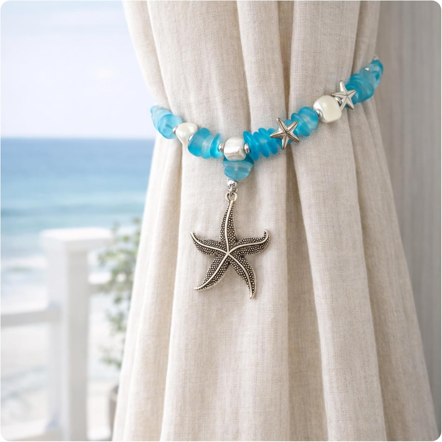 Starfish Curtain Tie Backs with Ocean Blue Sea Glass Beads, Coastal Home Decor, Beach Window Decorations