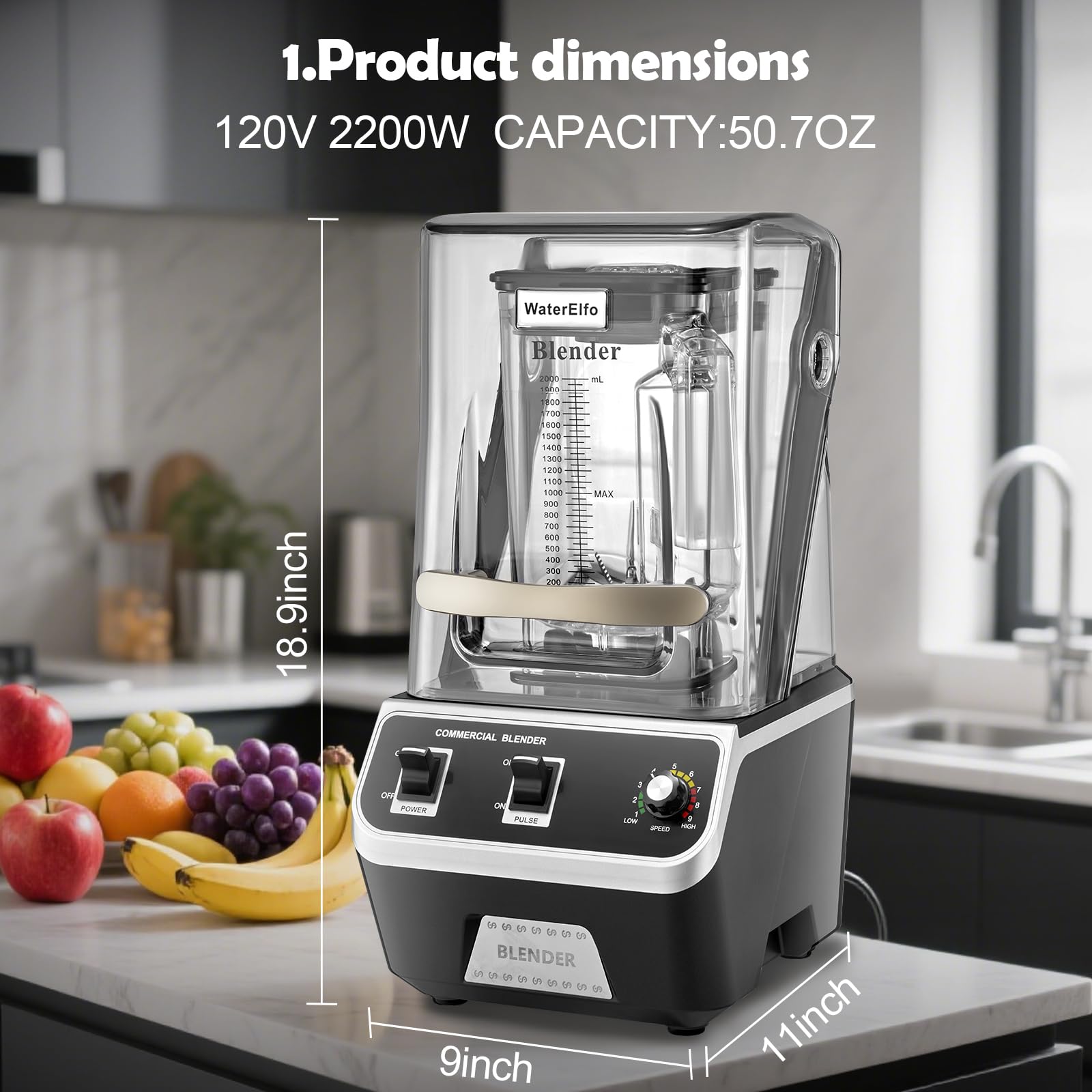 WaterElfo Profesjonalny komercyjny blender 2200 W 2,1 QT 2 l cichy blender komercyjne koktajle, mrożone napoje, samoczyszczące