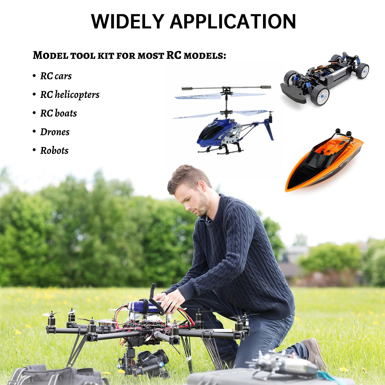 LALAGO Jeu de 12 Kit d'outils pour voiture télécommandée, tournevis hexagonal, pince, clé à douille, kit d'outils RC pour voiture RC Traxxas Arrma, drone, avion, hélicoptère, véhicule multirotor