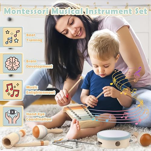 Miniatura 2 de Vanplay Montessori Toys - Instrumentos musicales de madera 6 en 1 para niños pequeños de 1 a 3 años, juguete musical infantil para bebés con