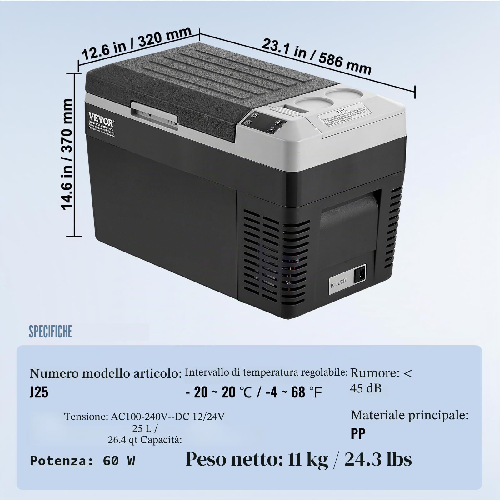 VEVOR Frigorifero Portatile 12V 25L Compressore Area Singola -20~20℃