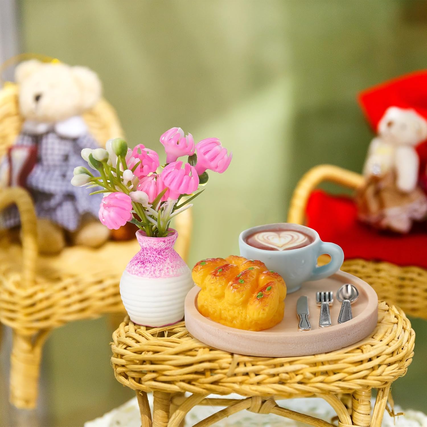 40 Pieces Miniature Dollhouse Accessories Doll House Furniture Mini Tea Party Set Resin Dollhouse Table Chair Cake Food Sets Play Toys for Dining Room Kitchen Decor Accessories Gifts
