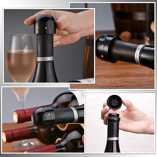 Miniatura 7 de Juego de 4 tapones para vino, paquete de 2 tapones de champán, reutilizables, de plástico y silicona, color negro, a prueba de fugas, champaña y
