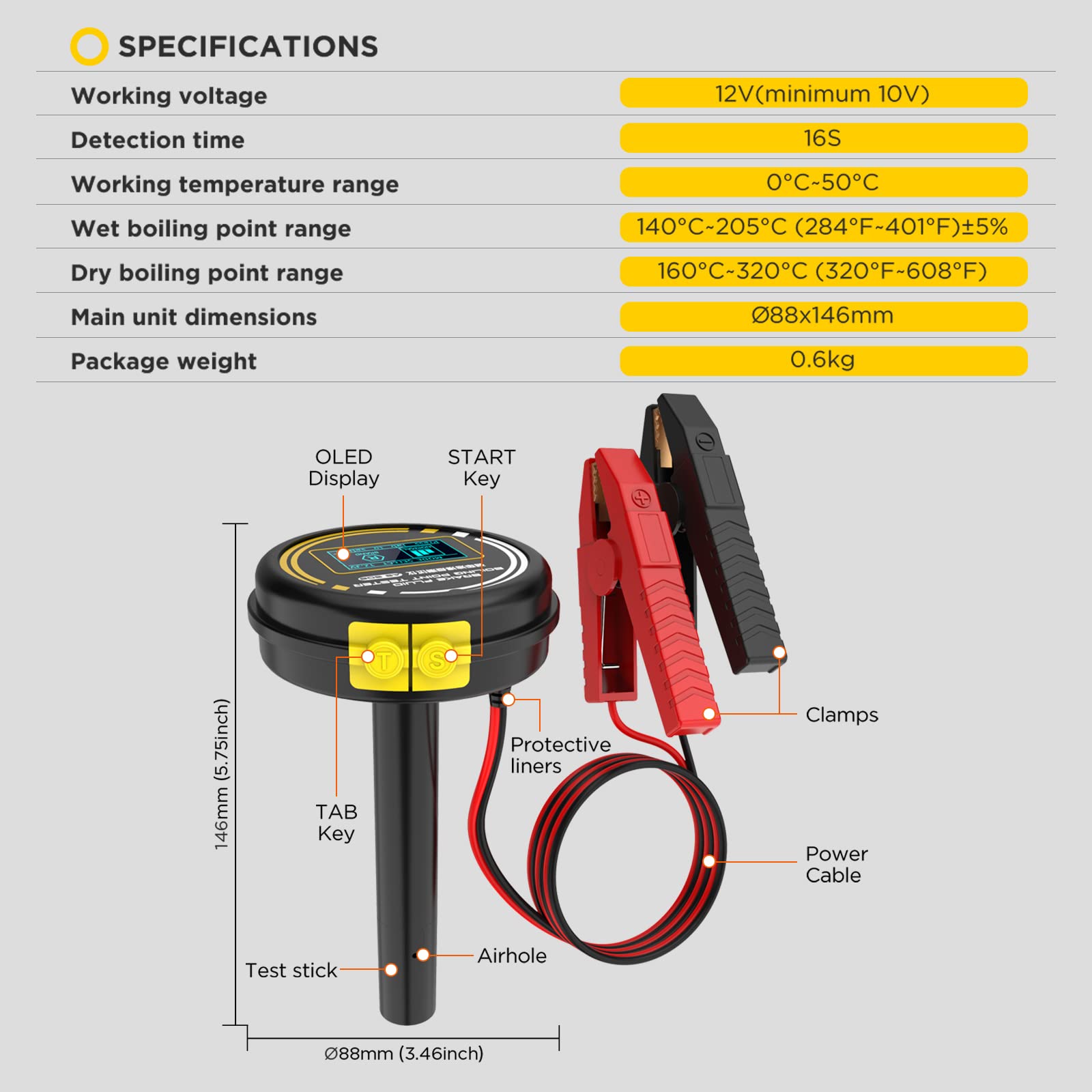 Strumenti per sistemi frenanti per autoveicoli a doppia modalità AS506 Rilevatore del punto di ebollizione del liquido freni per DOT 3, DOT 4, DOT4+, DOT 4 ESP, DOT 5, DOT5.1, DOT5.1ESP, ENV4, ENV6