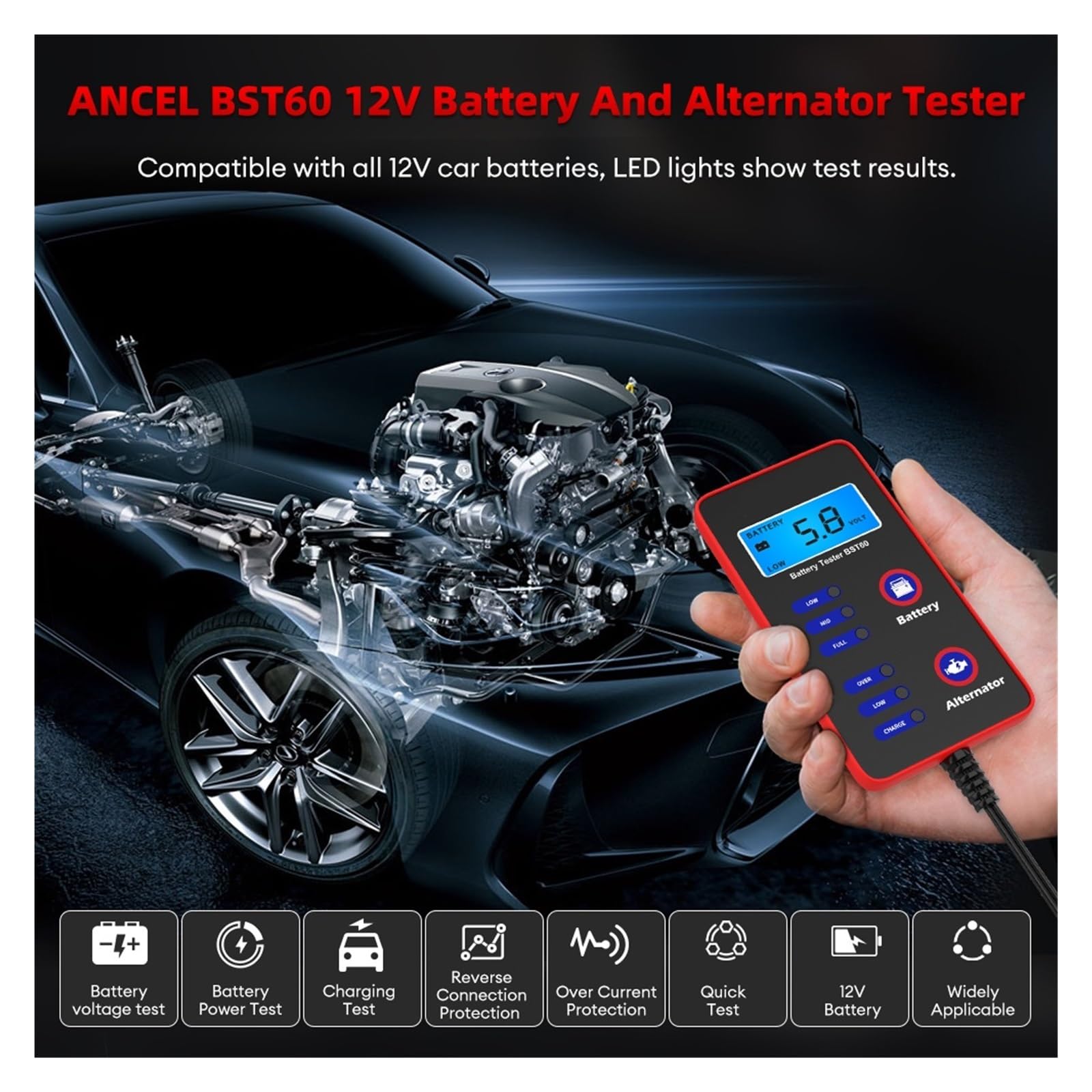 Probador De Batería De Coche Digital De 12V, Probador Rápido, Alternador De Carga Con Adaptador De Encendedor De Cigarrillos, Analizador De Batería De Coche
