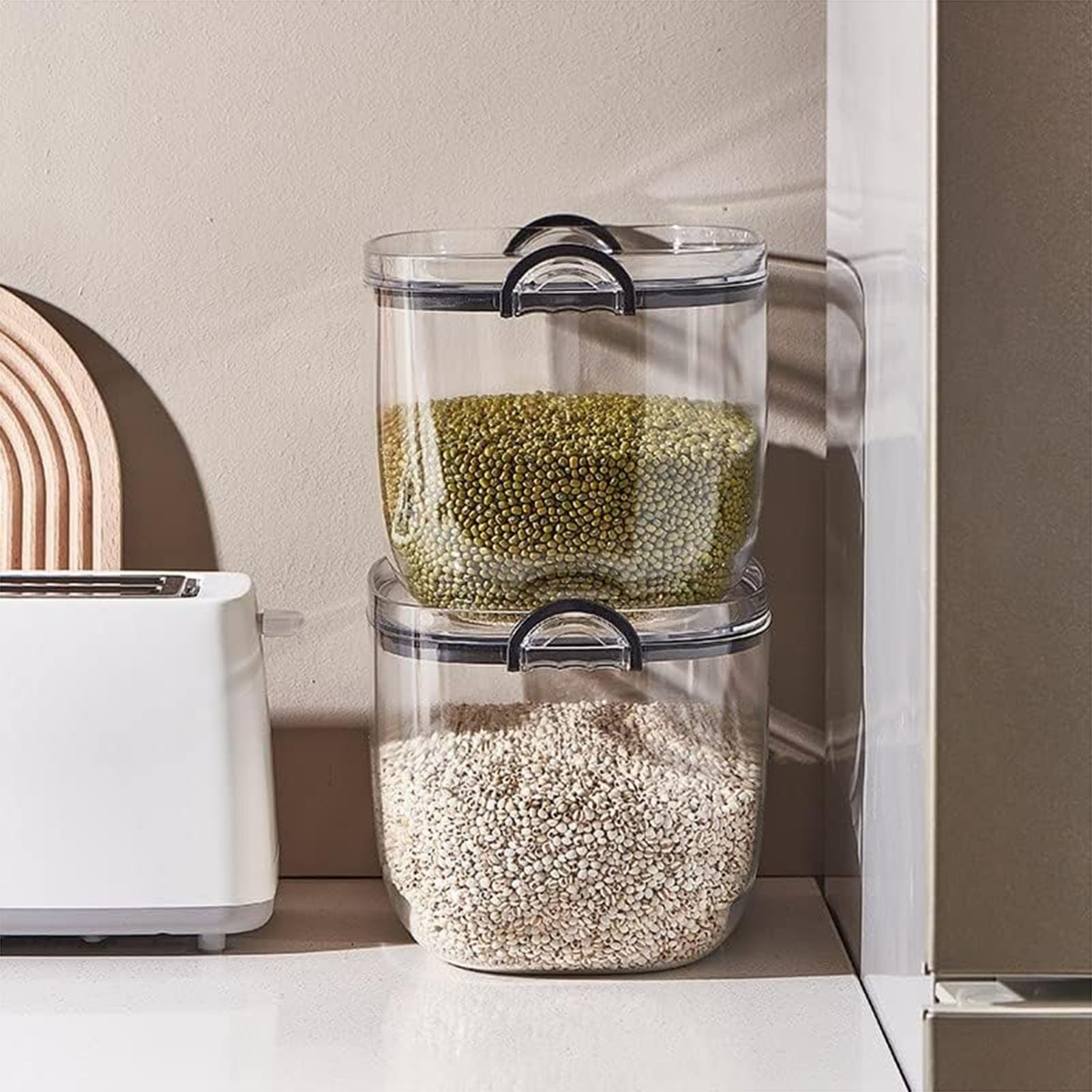 PIKETU Moderno contenitore da cucina, grande scatola di stoccaggio per riso, con chiusura ermetica e misurino, per riso, cereali, cibo per cani e gatti, farina,Verde,32 * 29 * 19cm