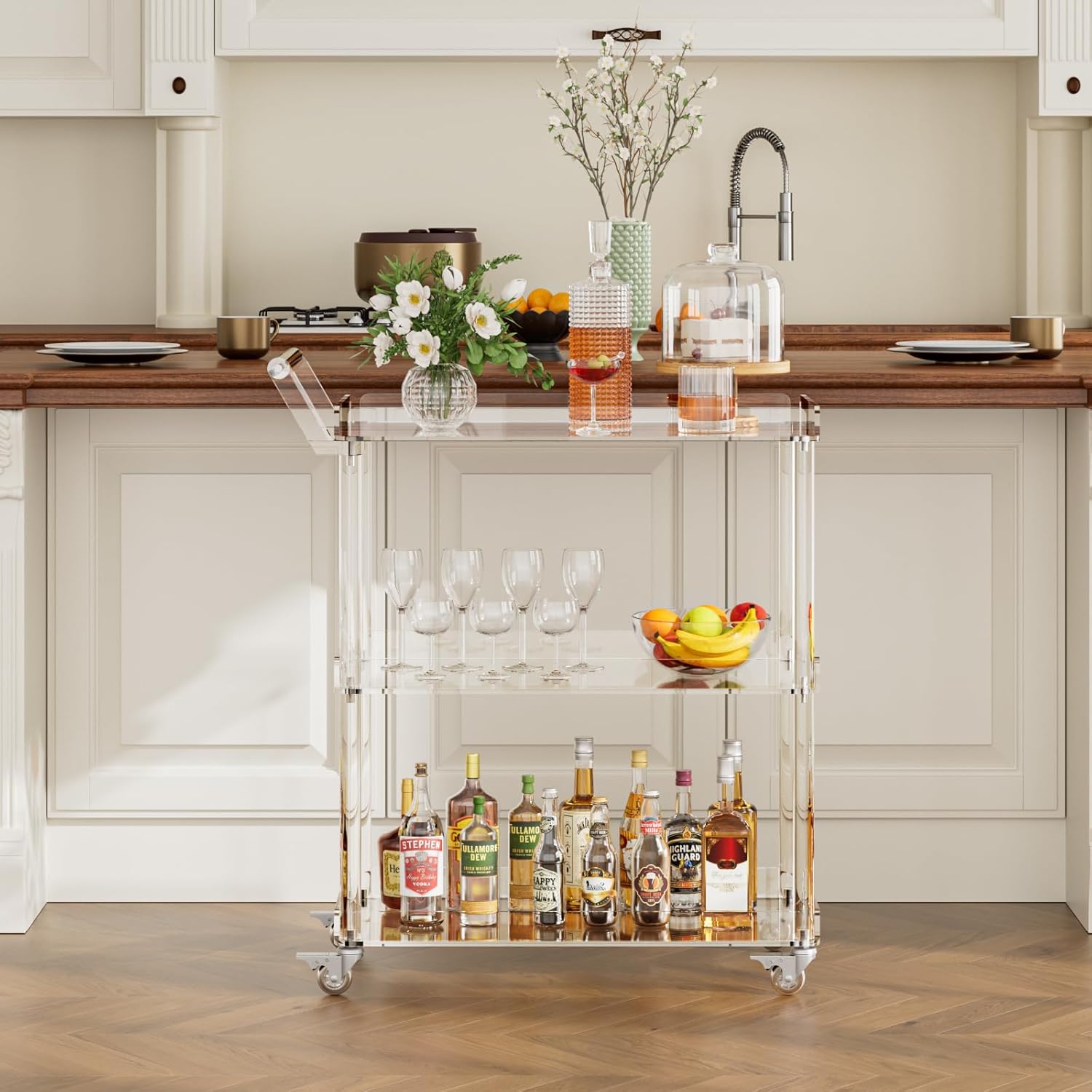 Acrylic Bar Cart with 4 Lockable Wheels, 3-Tier Rolling Home Bar & Serving Cart for Beverage, Clear Drink Cart for Kitchen, Living Room, Dining Room, 33.7" L x 14.57" W x 34.84" H