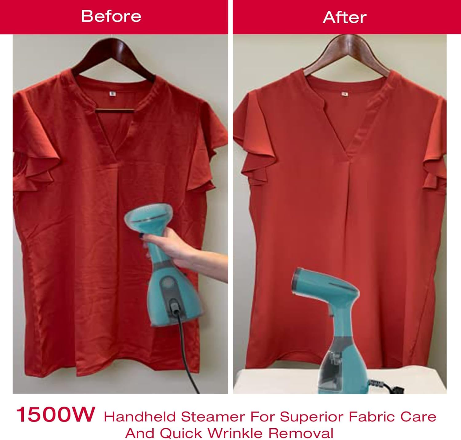 Before and After steaming a red shirt with SINGER Handheld Garment Steamer