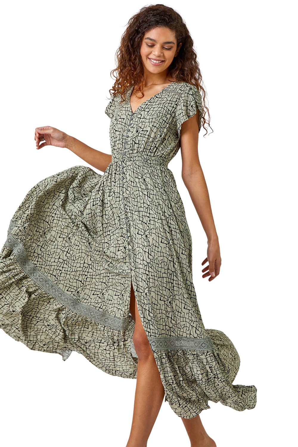 Roman Originals Women's Khaki Shirred Empire Waist Dress For Uk Midi Maxi Summer Spring Tiered Frill Hem Short Sleeve V Neck Button Through Boho Bohemian Holiday Cruise - Size 18