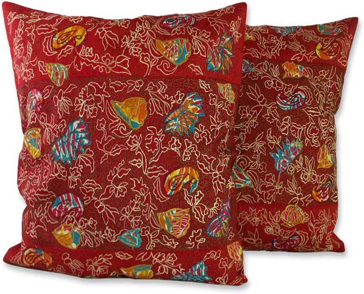 NOVICA Red Floral Polyester Throw Pillow Cover, Garden of Love' (Pair)