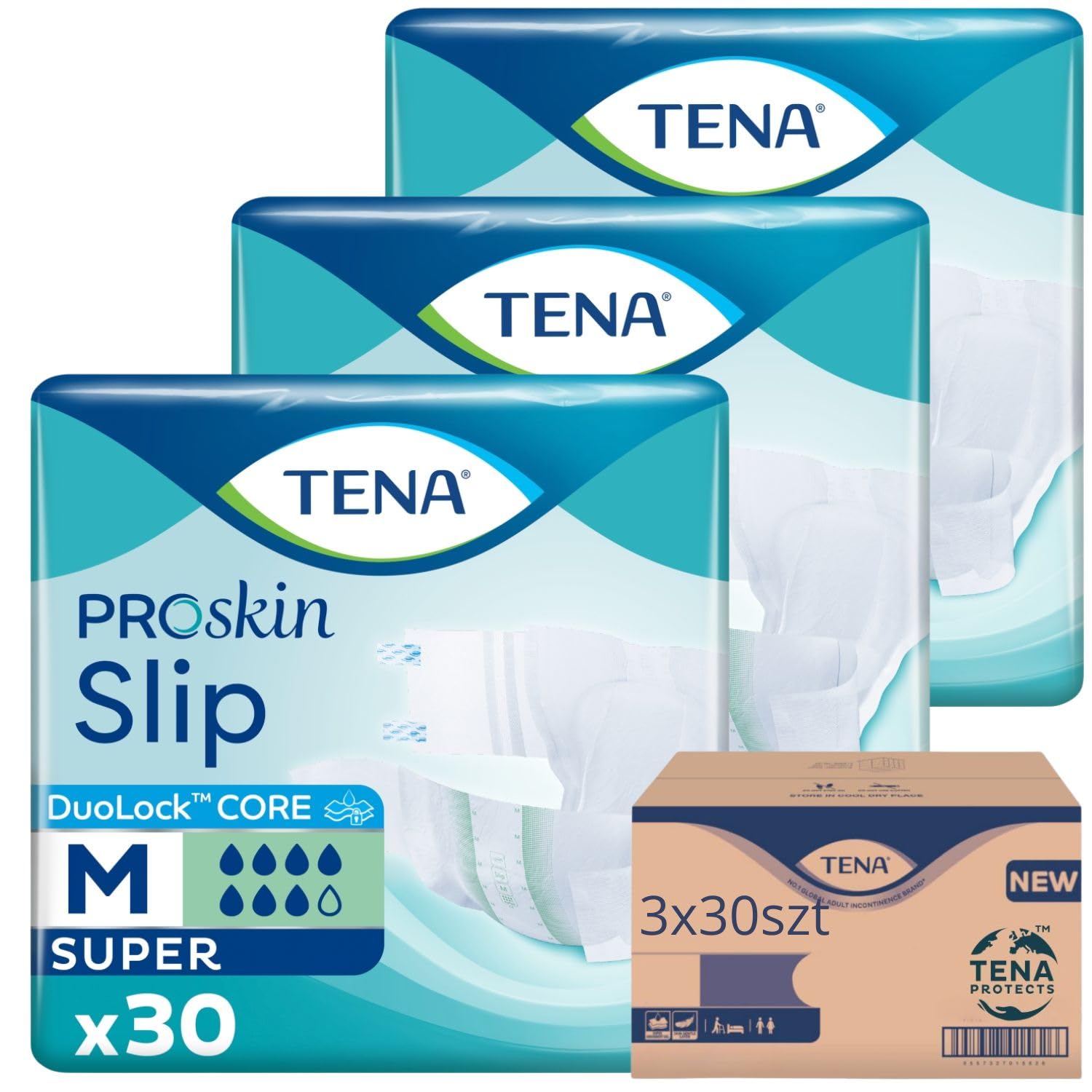 Erwachsene Windeln Klettverschluss 90pcs TENA Slip ProSkin Super M Inkontinenz Erwachsene Damen Herren Nacht Tag Saugfähigkeit 7/8, Umfang 70-122 cm (3 Packungen a 30 Stück)