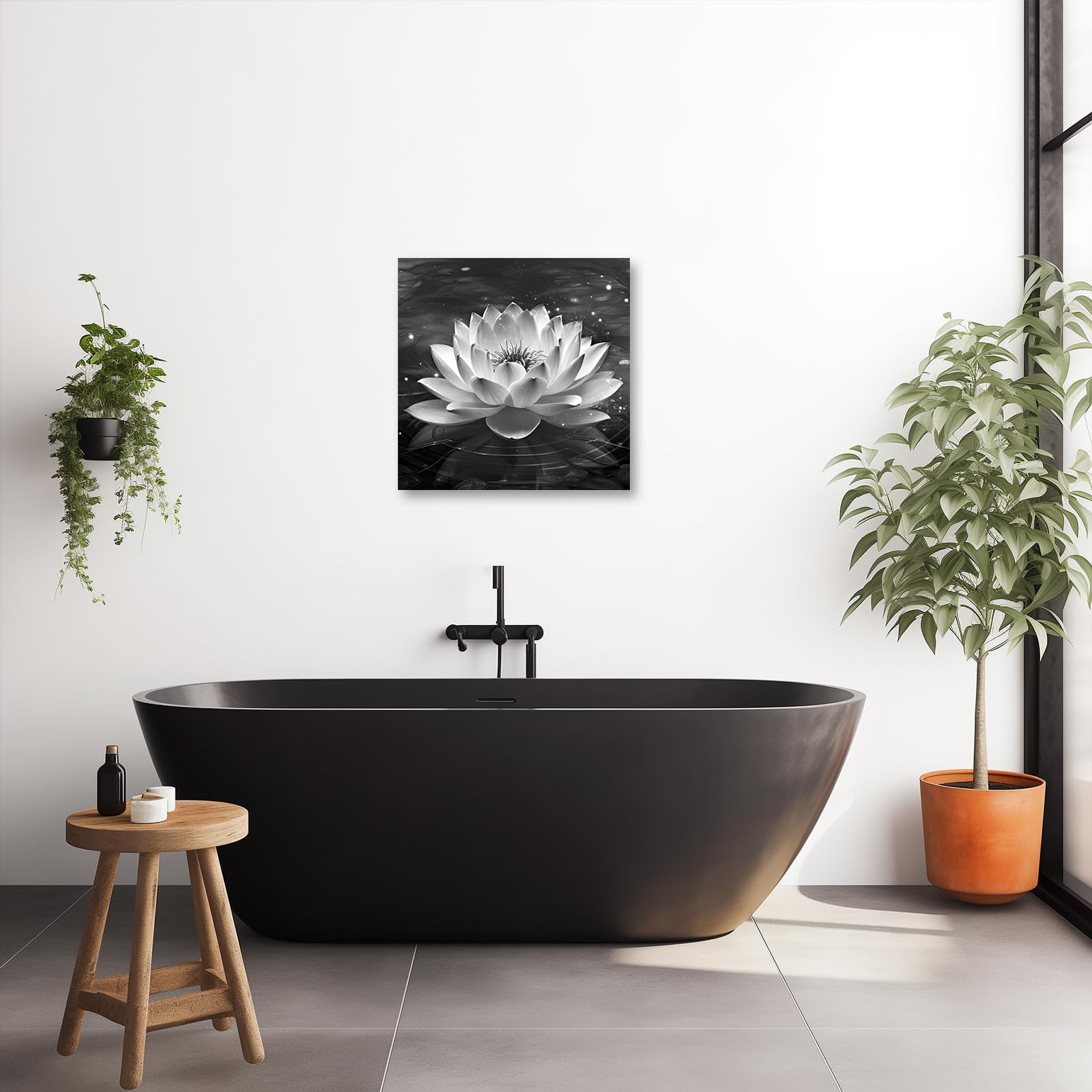 Quadro su Tela in Bianco e Nero con Motivo Zen, Fiori di Loto e ninfea, Stampe artistiche spirituali per Bagno, Meditazione, Yoga e Spa (Immagine 2, (45,75 cm x 45,75 cm))