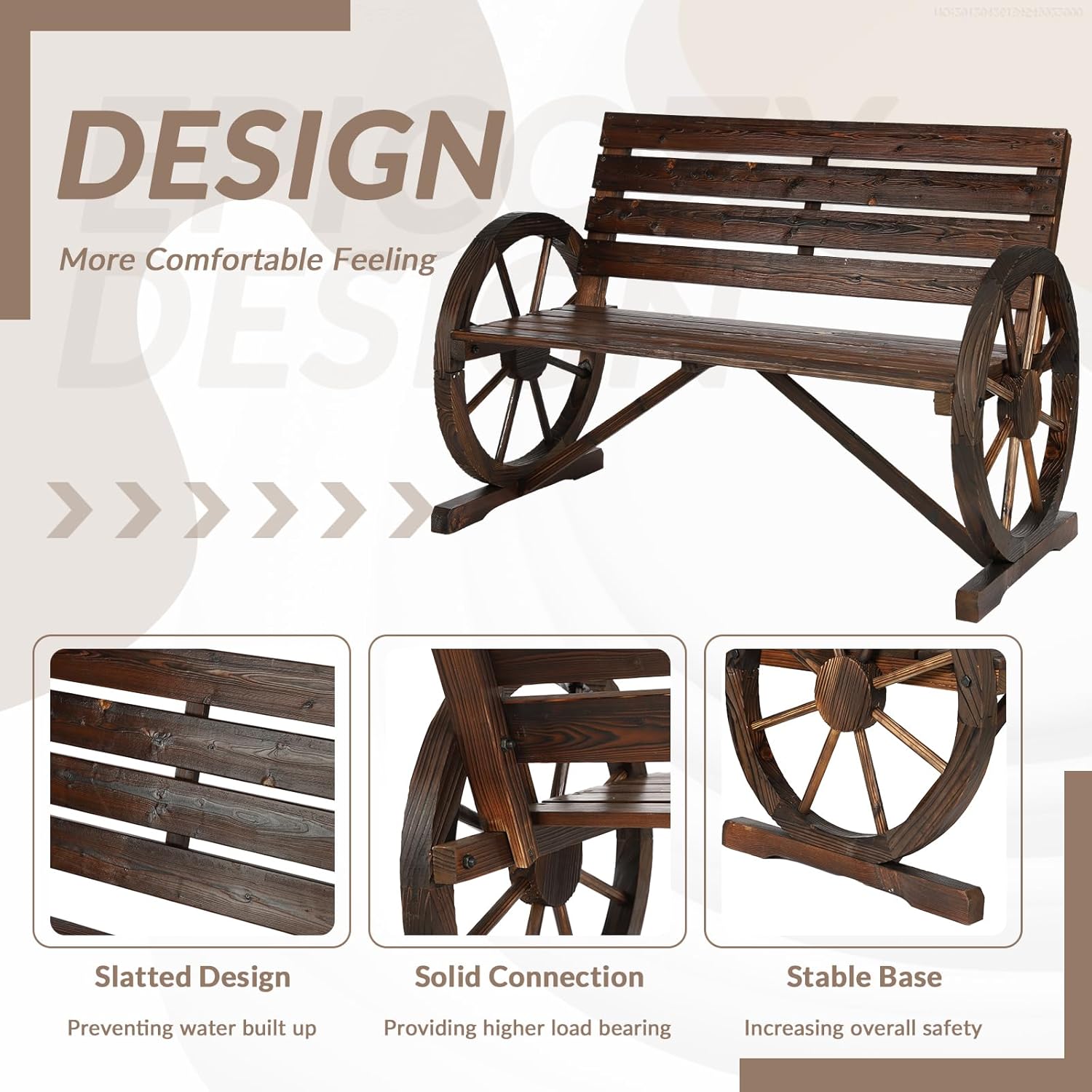 2-Piece Wooden Wagon Wheel Bench Set with Coffee Table, 2-Person Rustic Wood Garden Bench W/Wagon Wheel Armrests & Slatted Backrest, Outdoor Patio Loveseat Furniture Set for Lawn Yard Park