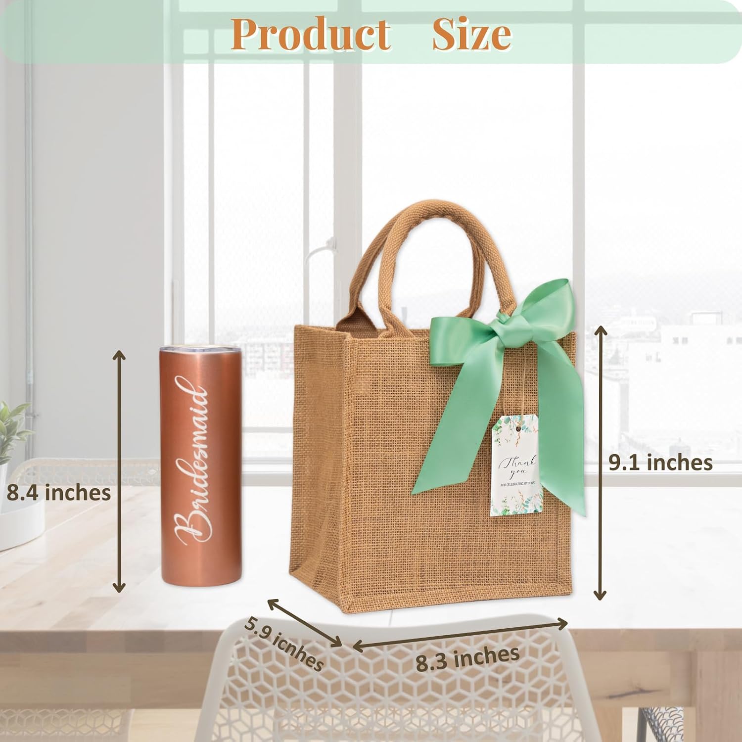10 Pack Burlap Gift Bags for Wedding Welcome, Bachelorette, Beach, Bridesmaid - Small Bulk Reusable Jute tote with Sage Green Ribbons