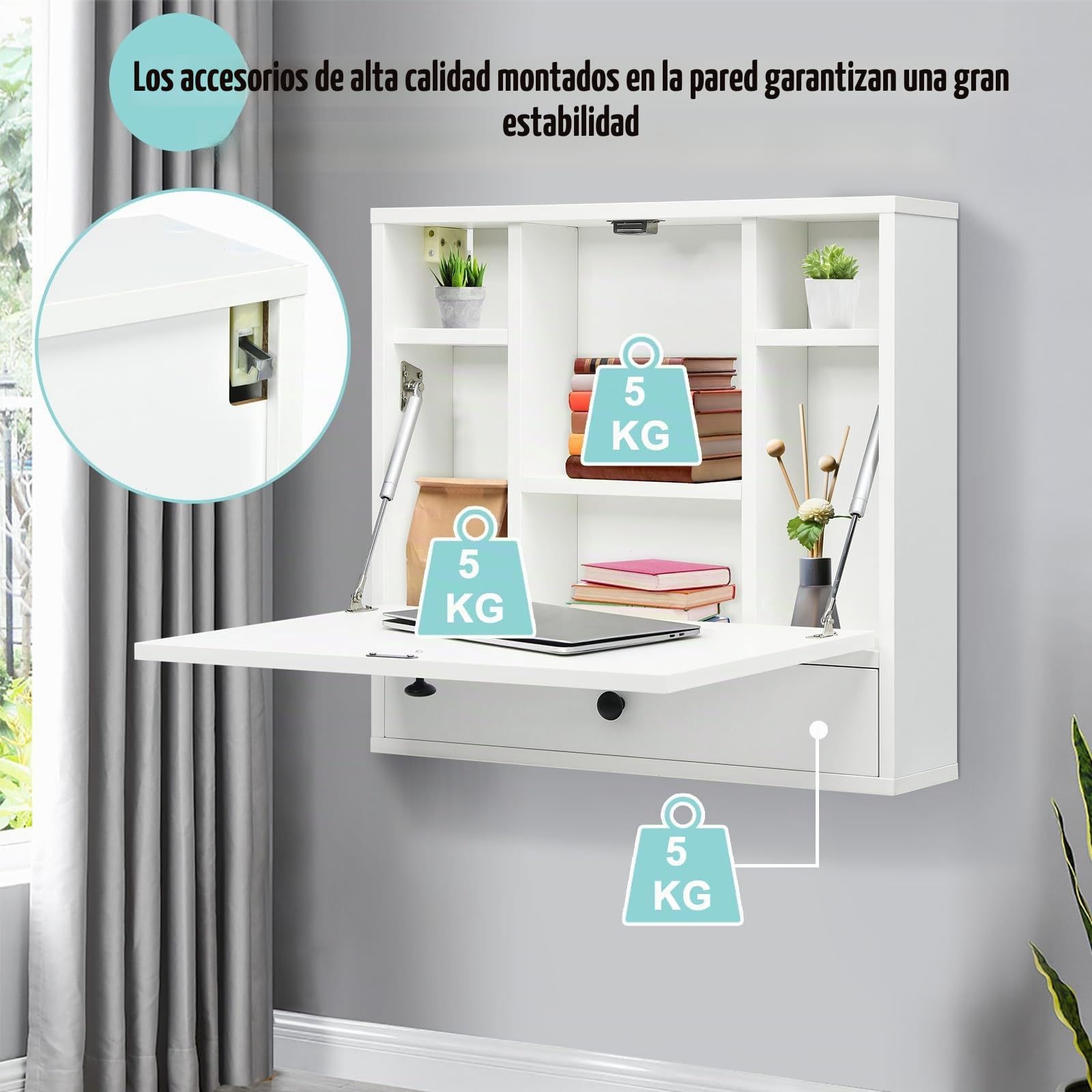 FANTASK Escritorio Plegable para Ordenador con estantes y cajón, Mesa Plegable de Pared, Mesa de Pared para Oficina en casa y Espacios pequeños (Blanco)