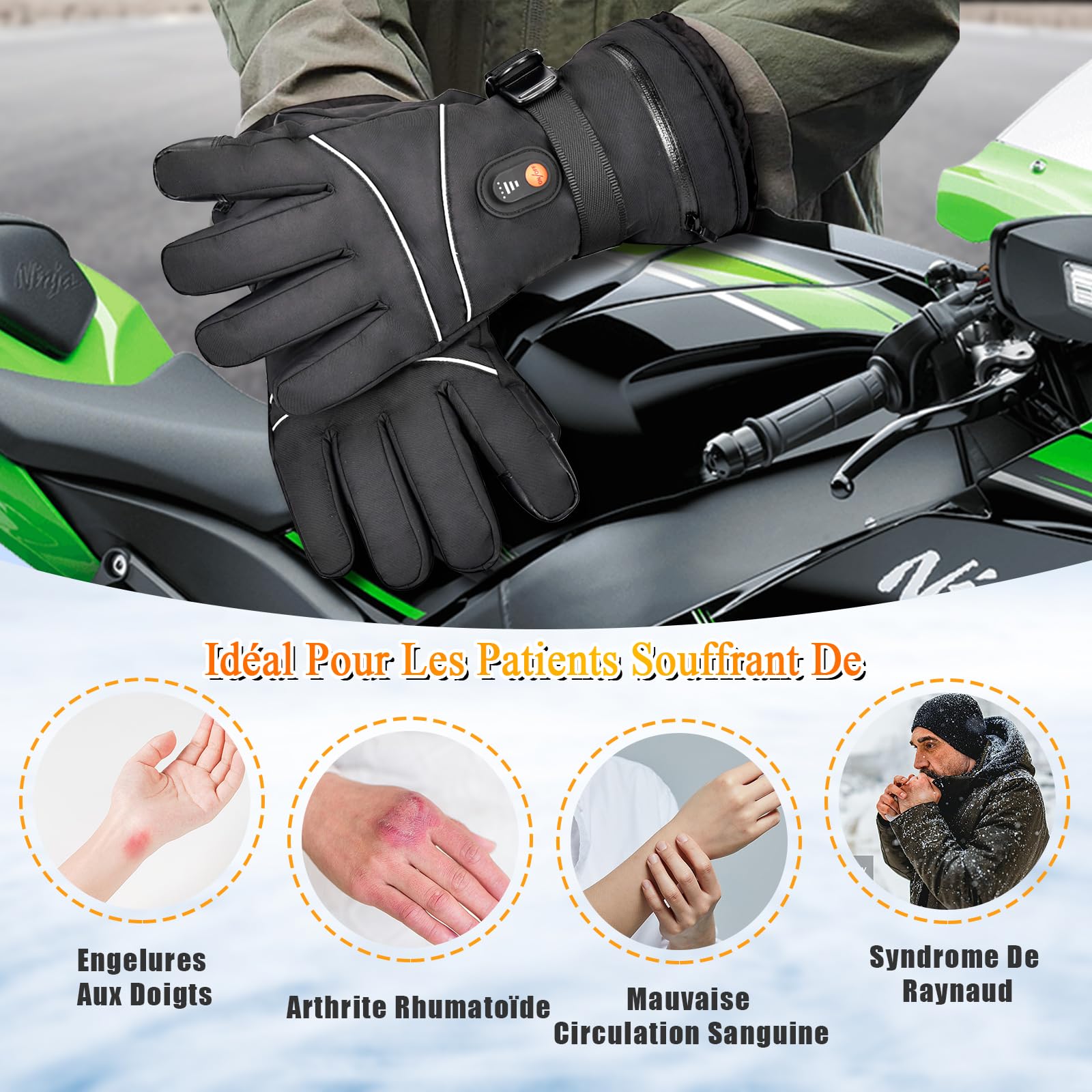 Gants Chauffants pour Femme et Homme avec Batterie 6000mAh Rechargeable, 3 Niveaux De Températures, Imperméables, Écran Tactile pour Moto, Vélo, Ski, Chasse
