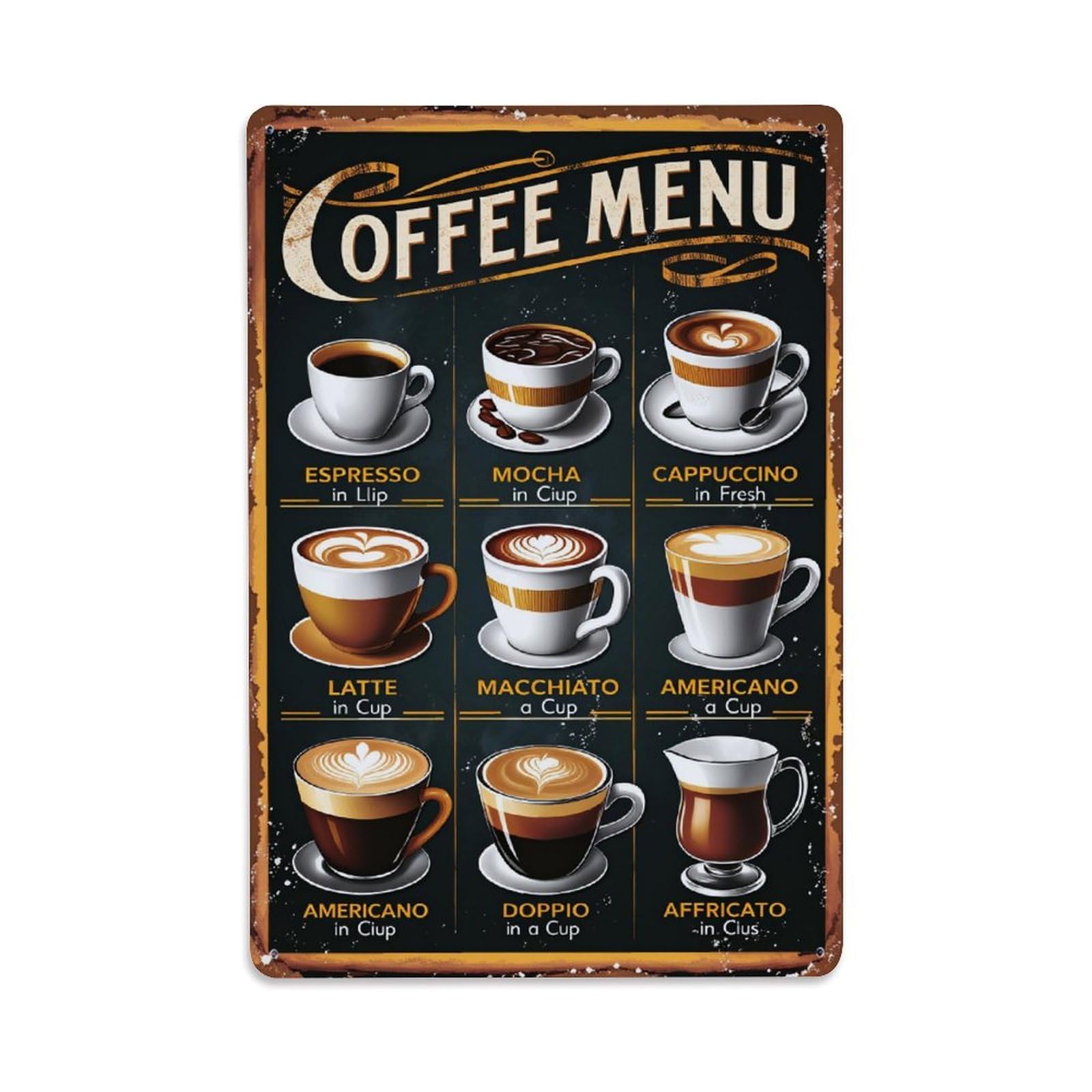 Enderetf Vintage Coffee Menu Art Print Design Tin Sign Metal Poster, Home Bar Garage Man Cave Cafe Indoor & Outdoor Wall Decoration 8X12inches