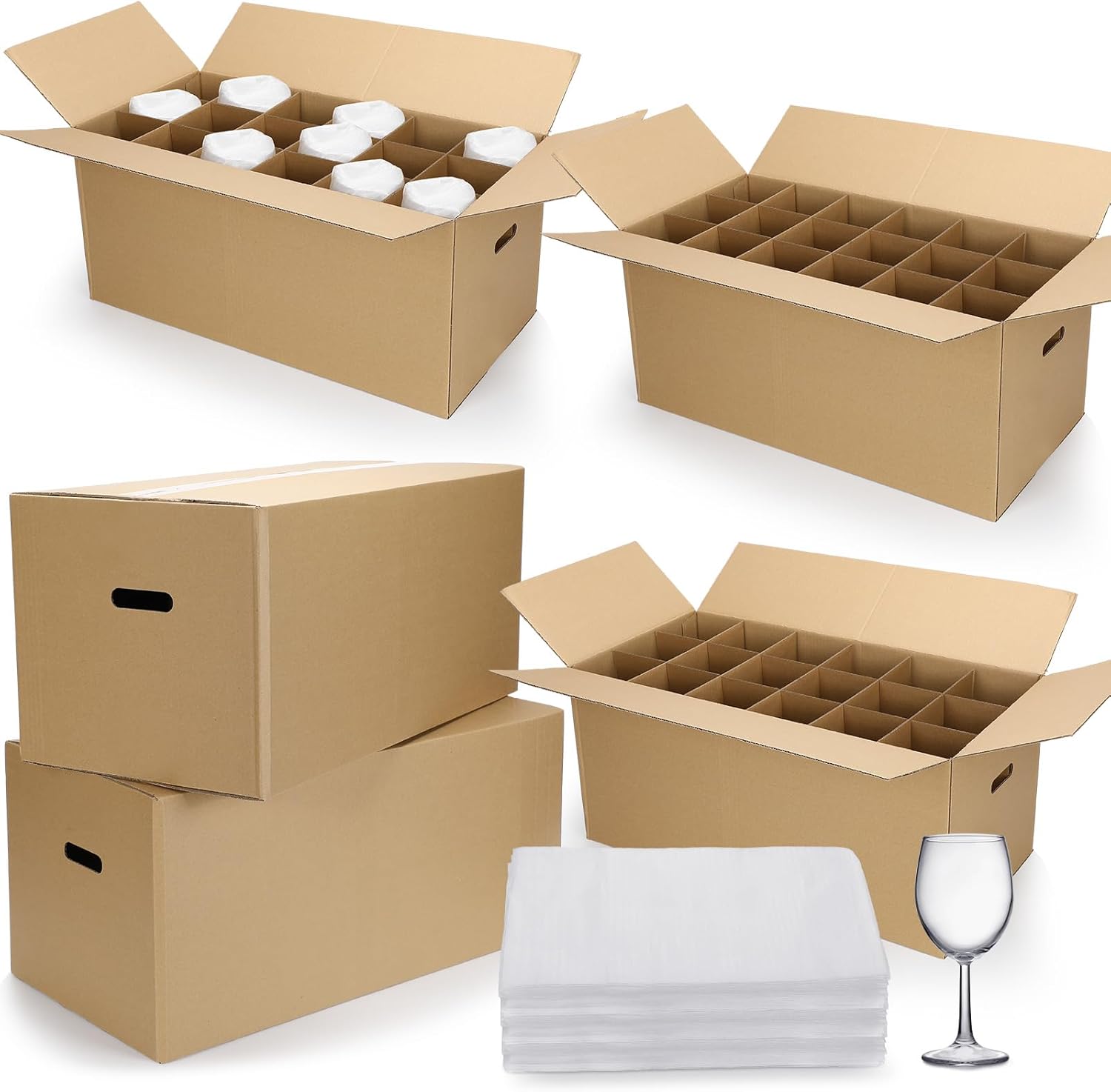 AmazingSpark 5 Sets Glass Packing Kit for Glasses and Stemware Includes Kitchen Moving Boxes Cell Divider Unit Foam Pouches Glass Packing Boxes for Moving Glasses Wine Dish(15 x 12 x 10 Inch)
