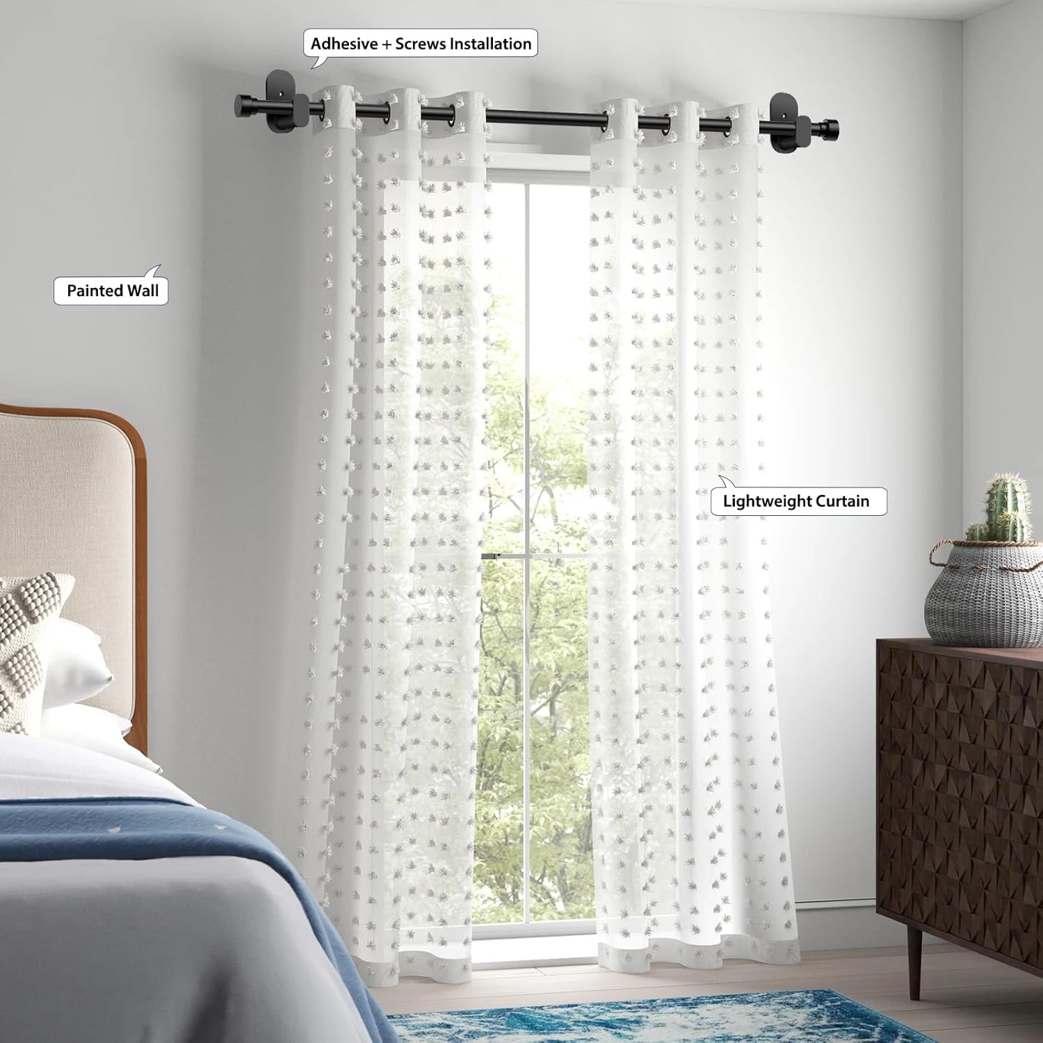 TONIAL Curtain Rods No Drilling for Windows from 54 to 82 Inches, 5/8 Inch 2 Pack Curtain Rod 32 to 86 inch with Adhesive Brackets, Renter Apartment Friendly Adjustable Drapery Rods, Black