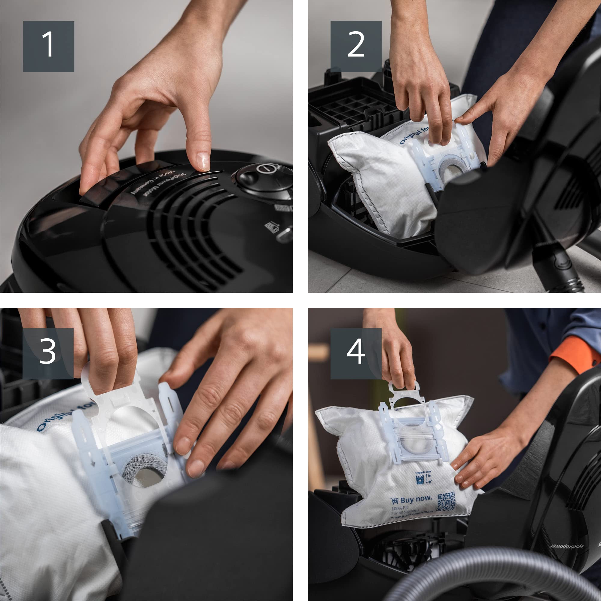 Siemens Staubsauger mit Beutel synchropower VS06B112A, Bodenstaubsauger, Hygiene-Filter, Bodendüse für Parkett, Teppich, Fliesen, starke Saugleistung, langes Kabel, Fugendüse, 700 W, schwarz