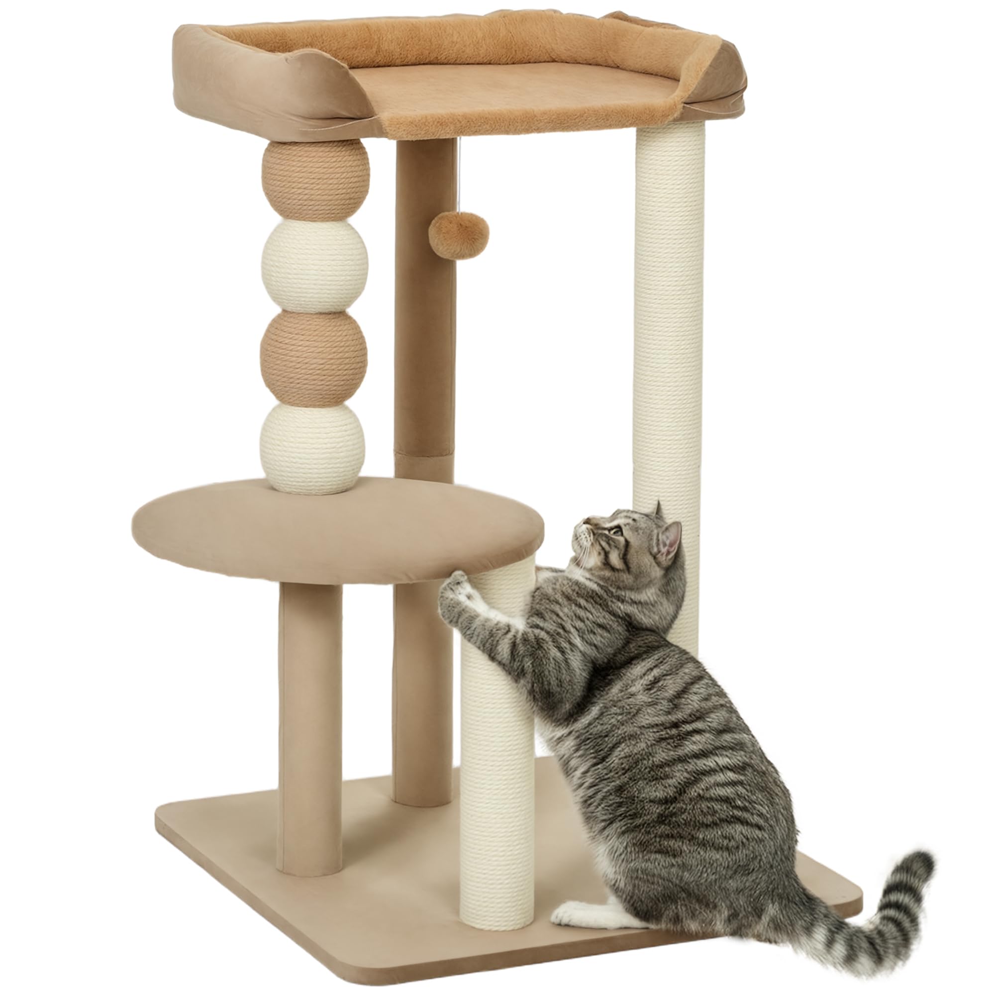 PawHut Kratzbaum 86 cm mit Sprungplattform für Katzen bis 7 kg Kaffee | Katzenbaum, Bett, Spielball, Katzenkratzbaum mit Jute-Kratzsäulen
