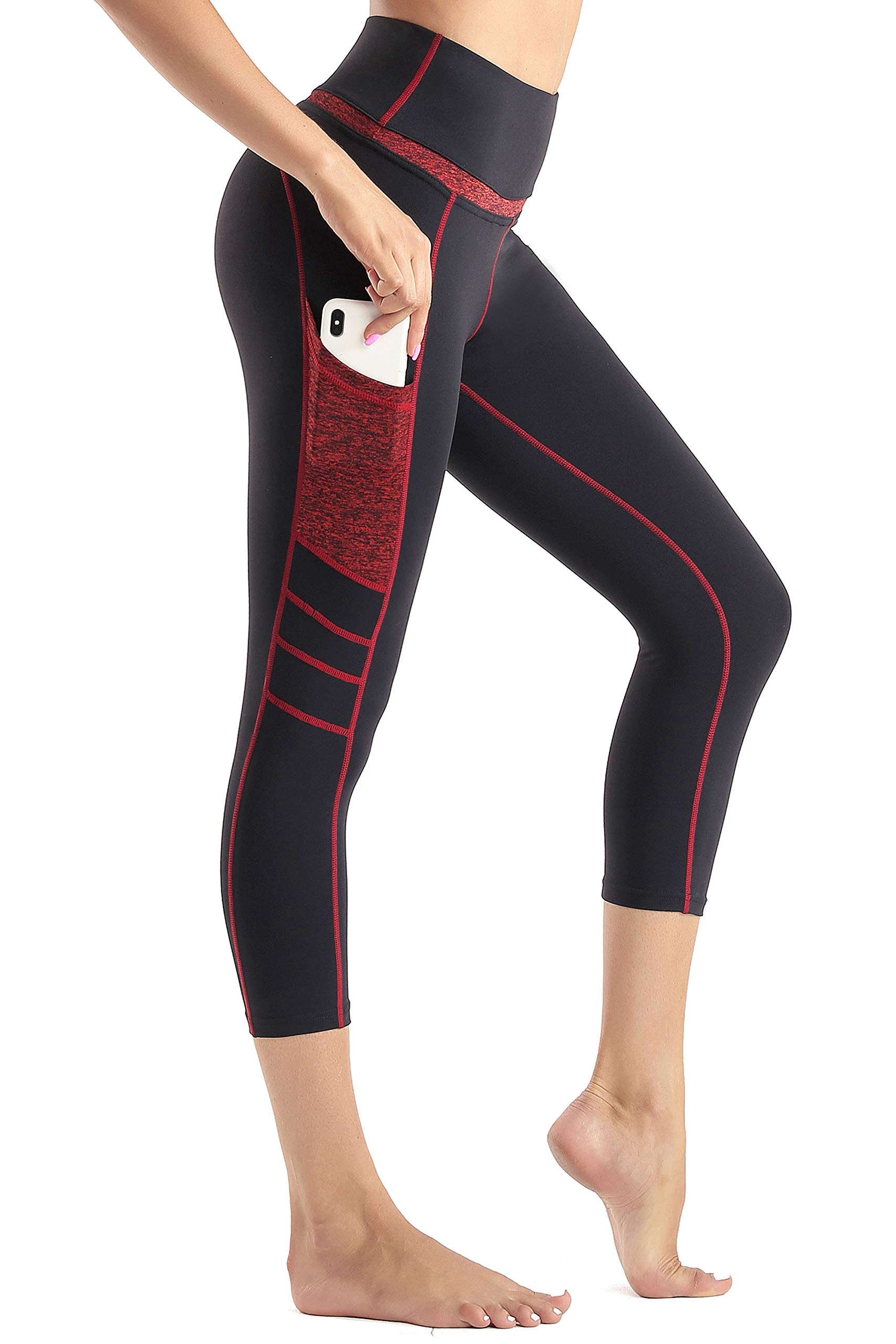 Sunzel High Waist Yoga Capris Tummy Control Workout Running Leggings Out Pocket 4 Way Stretch Yoga Pants - RED (M)