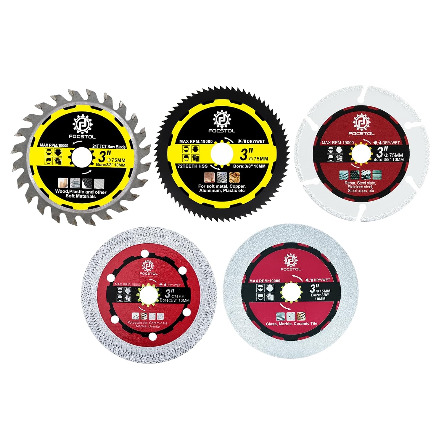 FOCSTOL Diamond Glass Cutting Disc - 5pcs 3 Inch(75mm) Diamond Saw Blade for Glass Jade Crystal Wine Bottle for Mini Angle Grinder with 3/8 Inch Arbor