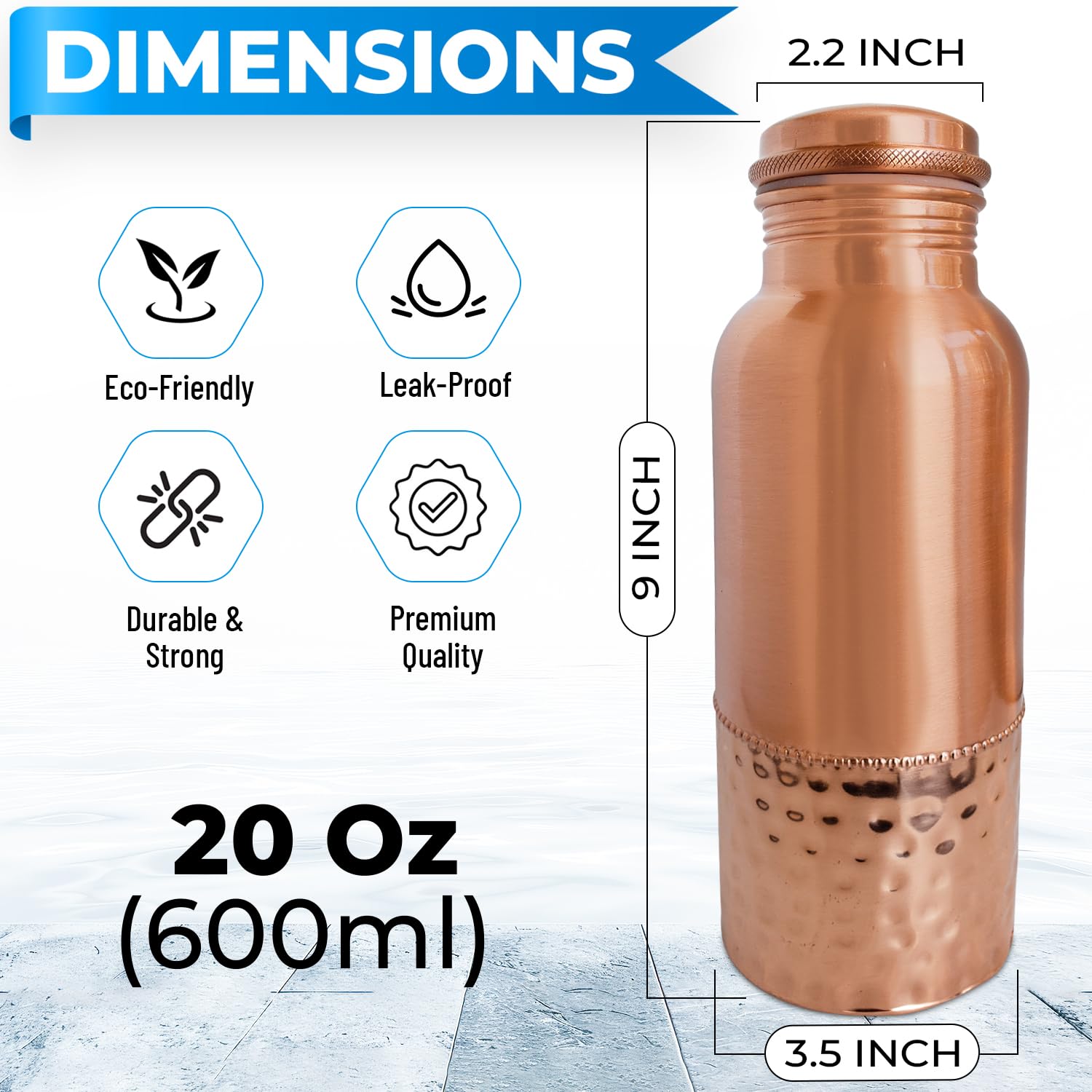 A American Ayurveda Wasserflasche aus 100% reinem Kupfer, gelenkfrei, auslaufsicher, Trinkbecher, Thermoskanne, Yoga, gesundheitliche Vorteile, natürliches basisches Wasser, 600 ml