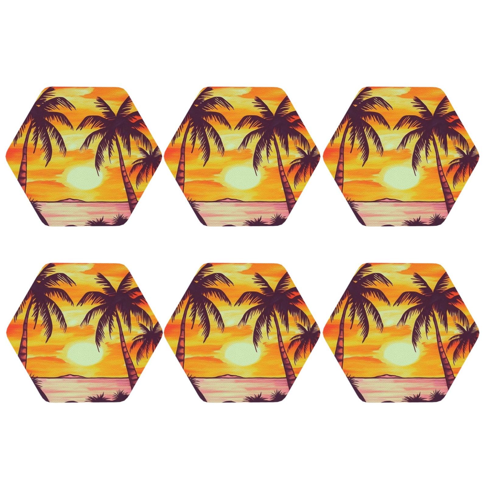 6pcs Leather Coasters for Drinks, Sunset Palm Tree Drink Coasters for Tabletop Protection, 4" Cup Coasters for Coffee Table Decor, Non-Slip Drinking Cup Mat for Hot Or Cold Drink