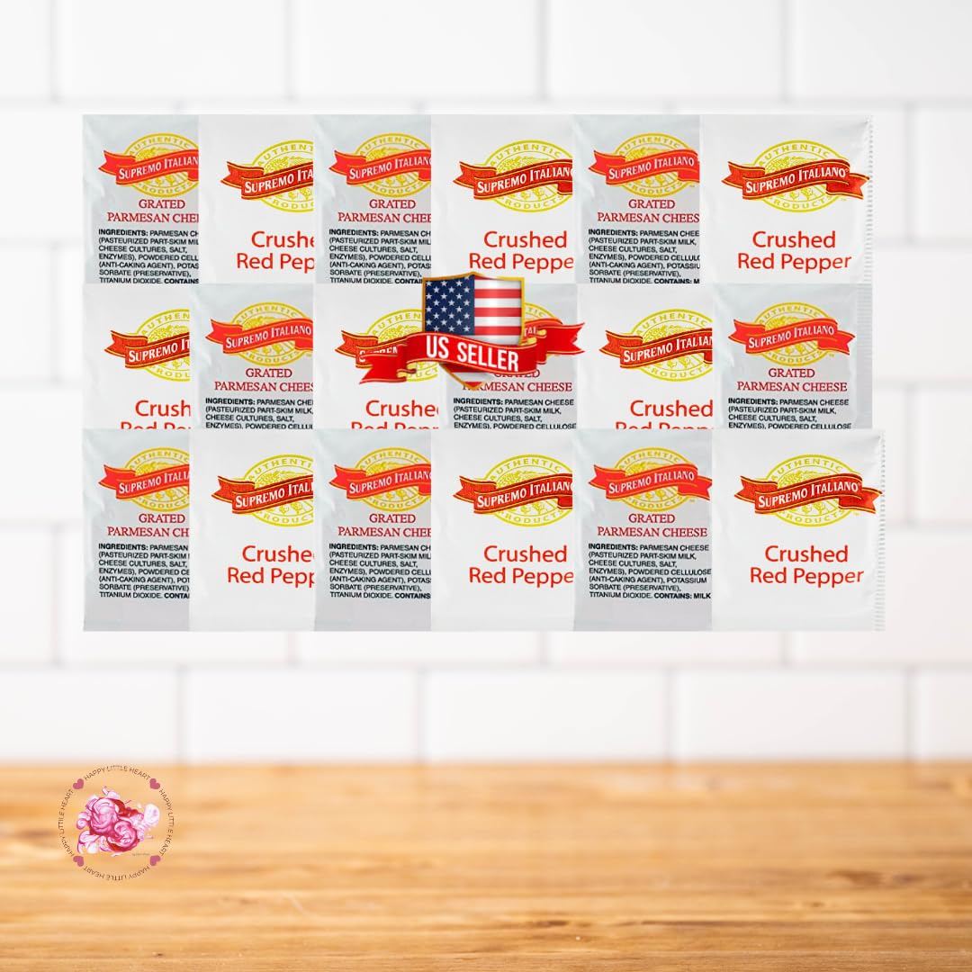 HAPPY LITTLE HEART Individual Pizza Toppings Packets | Parmesan Cheese & Crushed Red Pepper | Single Serve Portion Packets for Pizza Lovers -100 Count (50 Each)- Great for Pizza, Pasta and More!