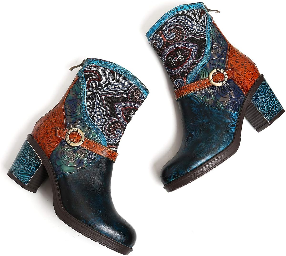 gracosy botines para mujer, botines de cuero con tacón de bloque de flores  empalme con cremallera lateral, azul, 7 : Ropa, Zapatos y Joyería -  Amazon.com