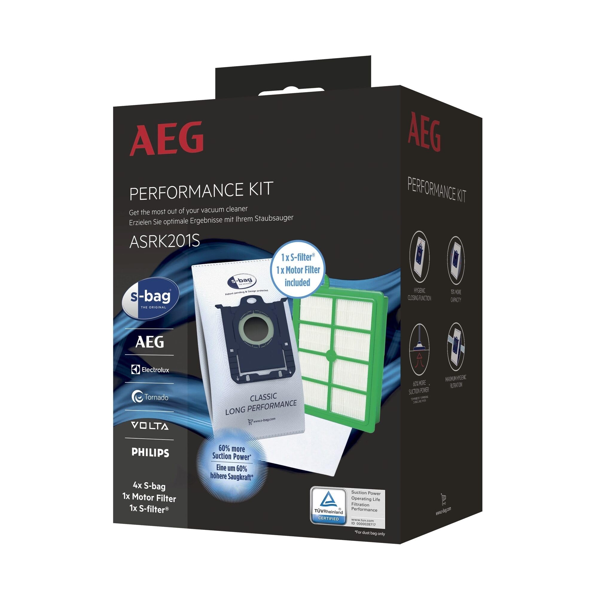 AEG ASRK201S S-Bag Performance Kit, 4X S-Bag Staubbeutel Classic Long Performance, 1x S-Filter Hygienefilter Waschbar, 1 x Motor Filter, Hohe Saugleistung, Hygieneverschluss, Beutelsauger