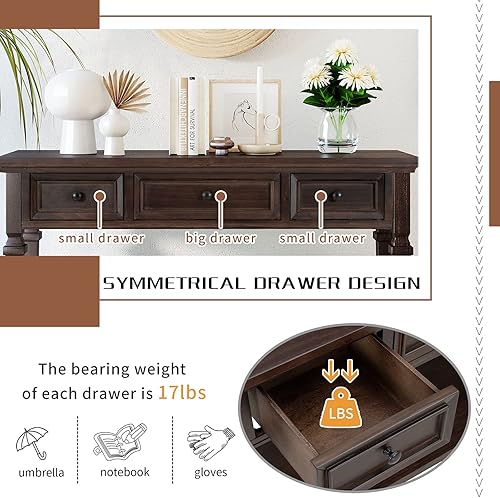 Miniatura 7 de Mesa consola retro con 3 cajones, armario decorativo de 50 pulgadas, mesa de sofá larga estrecha para entrada, sala de estar, comedor, pasillo,