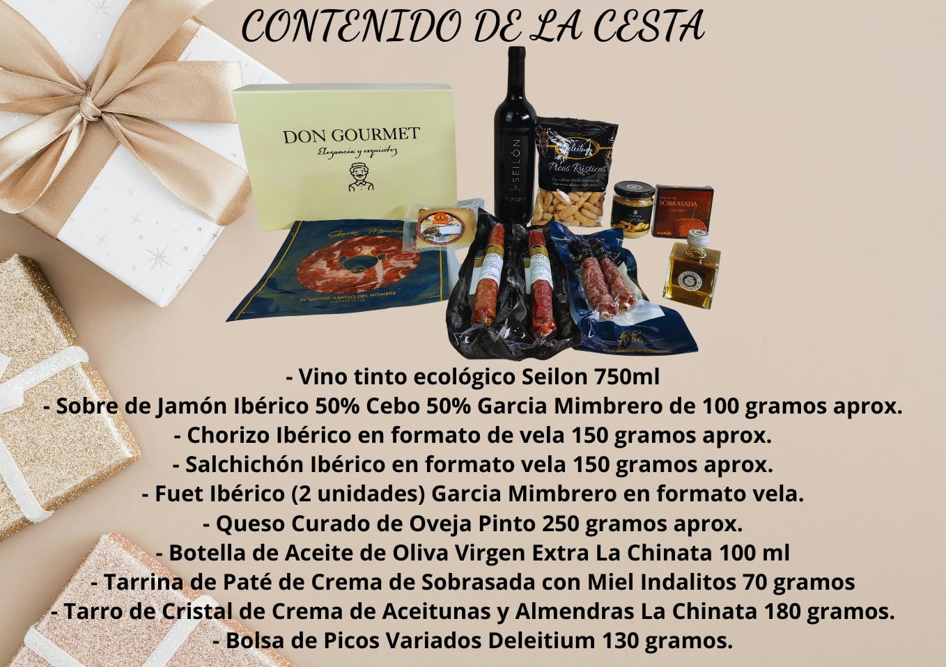 DON GOURMET, Cesta Gourmet para Regalar, Personalizable, Queso curado, jamón ibérico, chorizo ibérico, lote embutidos ibéricos, aceite de oliva, pack ibéricos, Regalo Día de la Madre. (CESTA 6) - 3