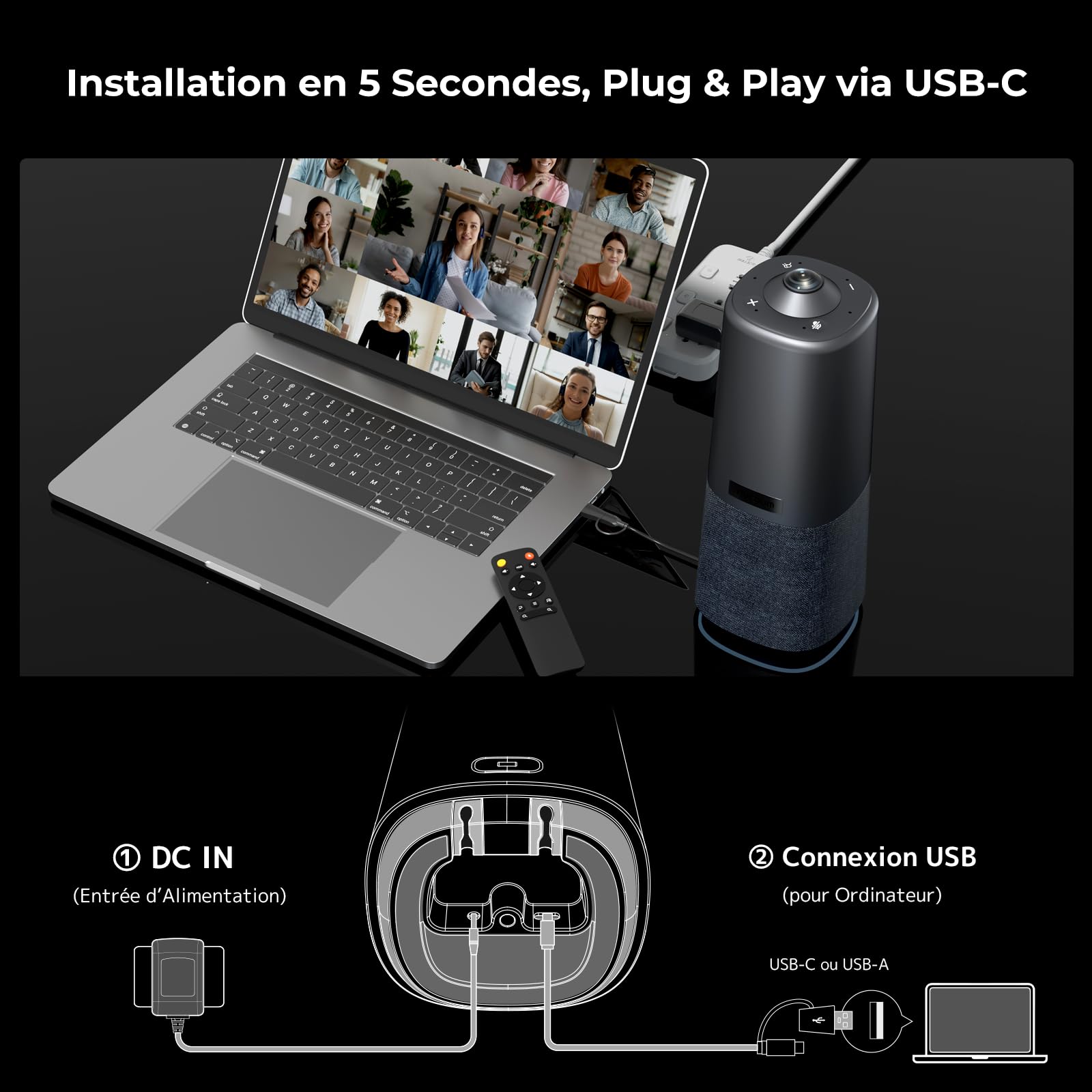 Nuroum 360 Pro Webcam avec Microphone et Haut-Parleur, Caméra de Vidéoconférence Tout-en-Un Grand Angle, 3 Modes IA, Cadrage Automatique,6 Micros Antibruit, USB Plug & Play pour PC/Zoom/Teams,Gris