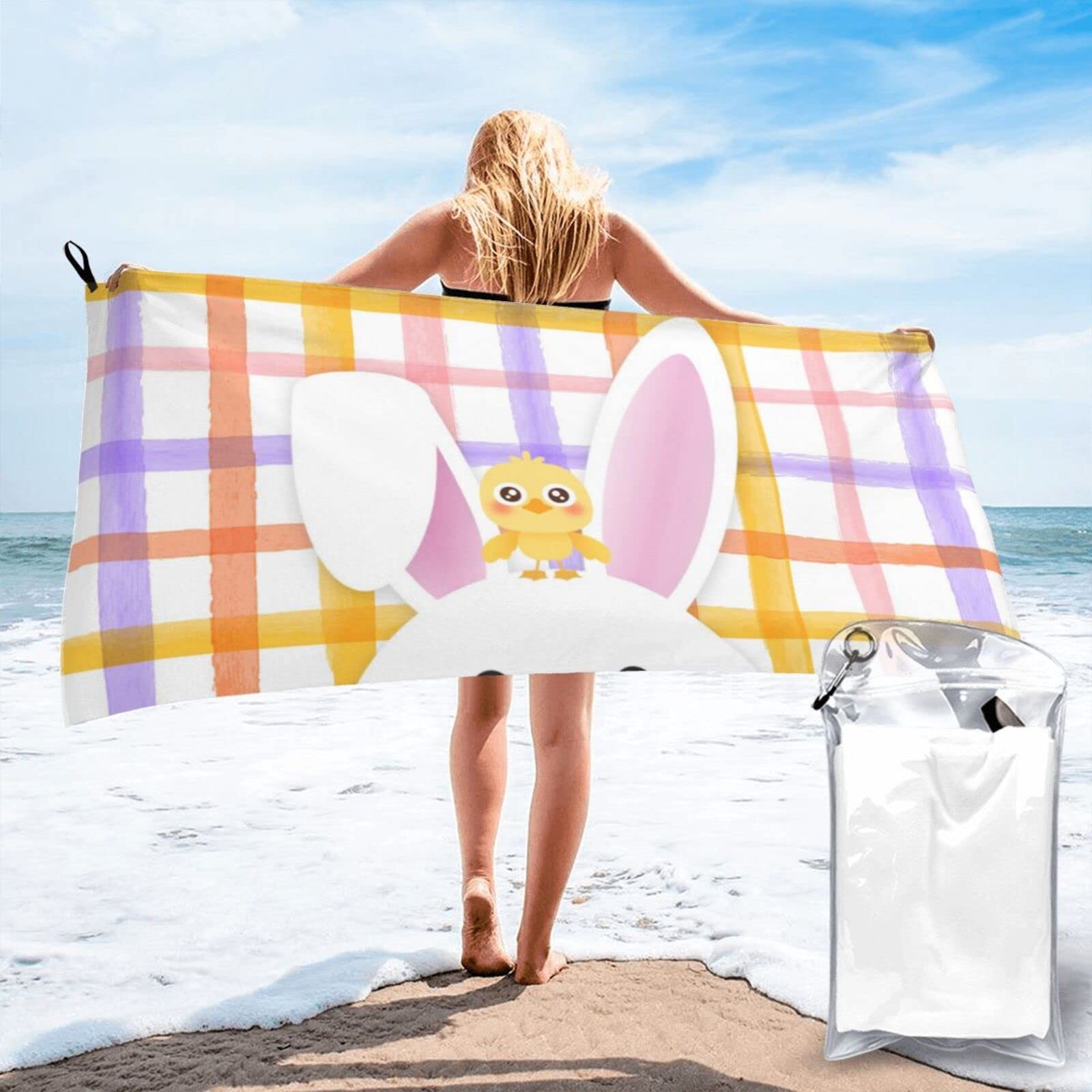 Lawenp Easter Bunny Microfiber Beach Towel Adults Large Quick Drying Bath Towel Travel Towels with Pouch 27.5"x55"