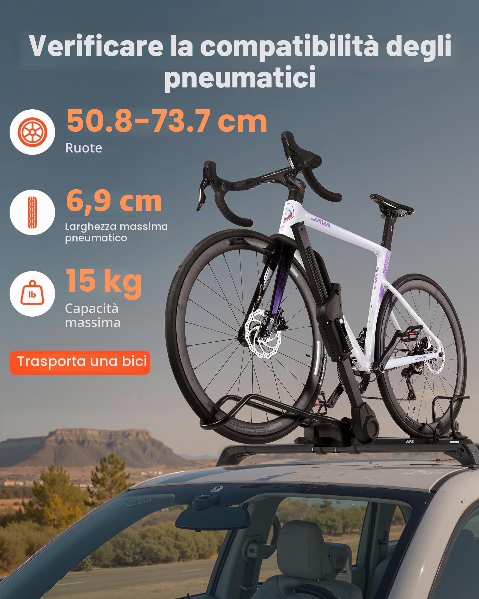 VEVOR Supporto Portabiciclette da Tetto Pieghevole Carico 15 kg, Portabici da Tetto con Sistema di Bloccaggio per Barre Trasversali Ruote da 508-737 mm, Portabicicletta Verticale Auto