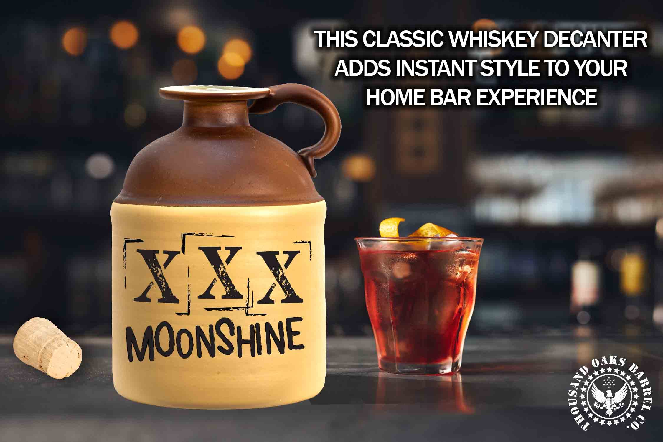 XXX Glass Moonshine Jug (750ml) - Traditional Old Style, Engraved Glass Liquor Whiskey Decanter Bottle w/Natural Cork Stopper and Finger Ring - Moonshine Gifts for Men (B271)