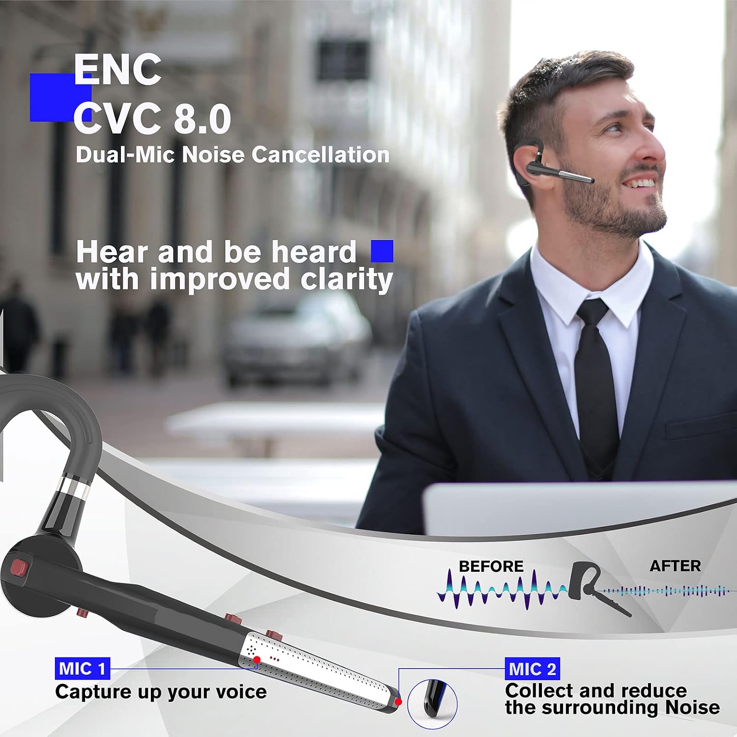 HonShoop Latest Version Bluetooth Headset CVC8.0 Dual Mic Noise Cancelling, Wireless Bluetooth Earpiece 480H Standby V5.0 Hands-Free Earphones for iPhone Android Cell Phones Driver Trucker Business