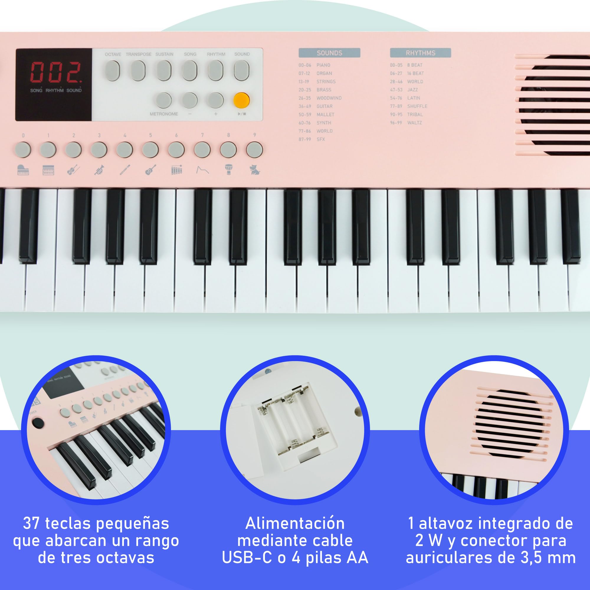 Axus 37 Mini Teclado Portátil En Color Rosa Atardecer: Divertido Piano Eléctrico Para Principiantes, USB-C O Alimentación Por Batería