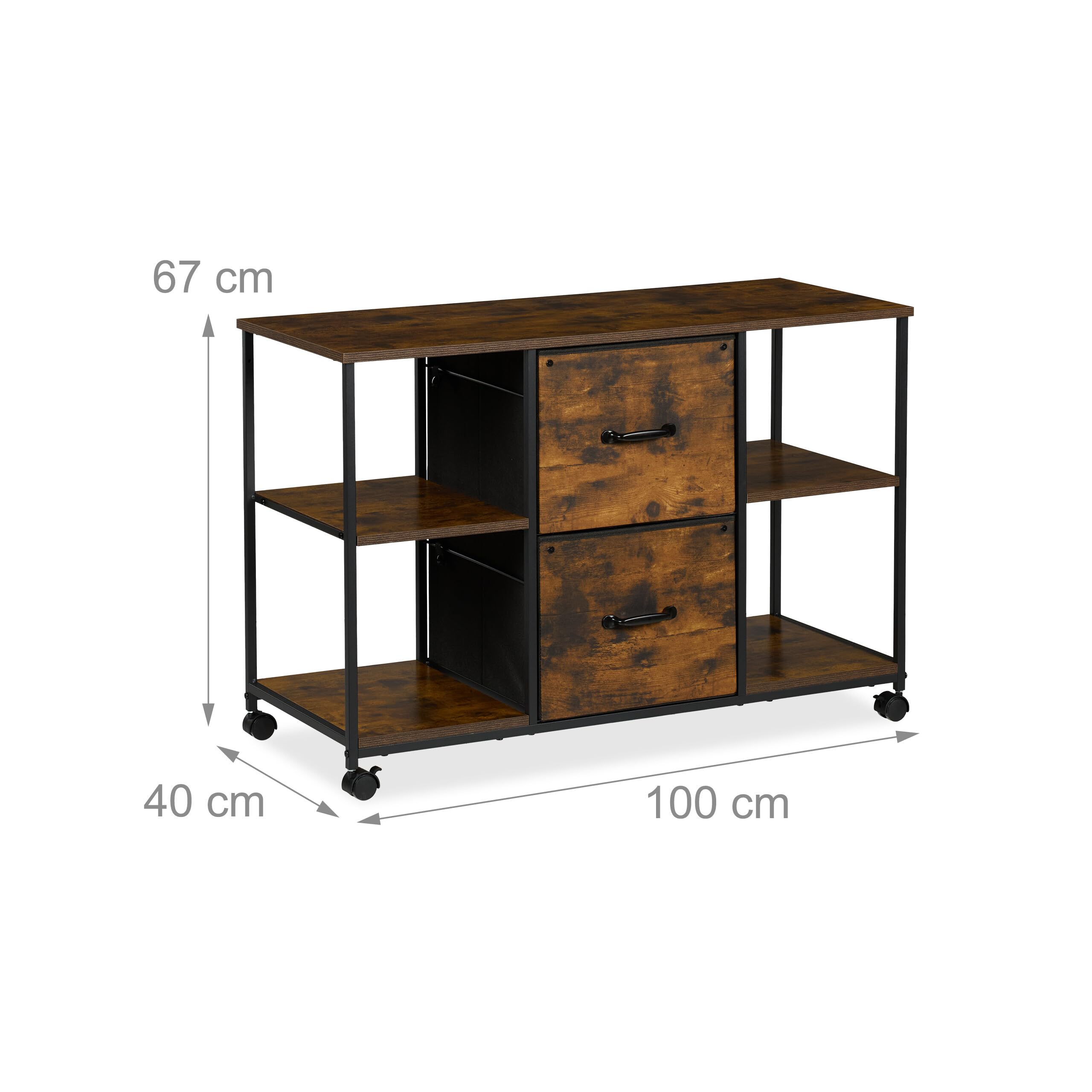 Relaxdays Mueble Impresora, con Ruedas, 2 Cajones, 4 estantes, Archivador Colgante, 67 x 100 x 40 cm, Marrón y Negro