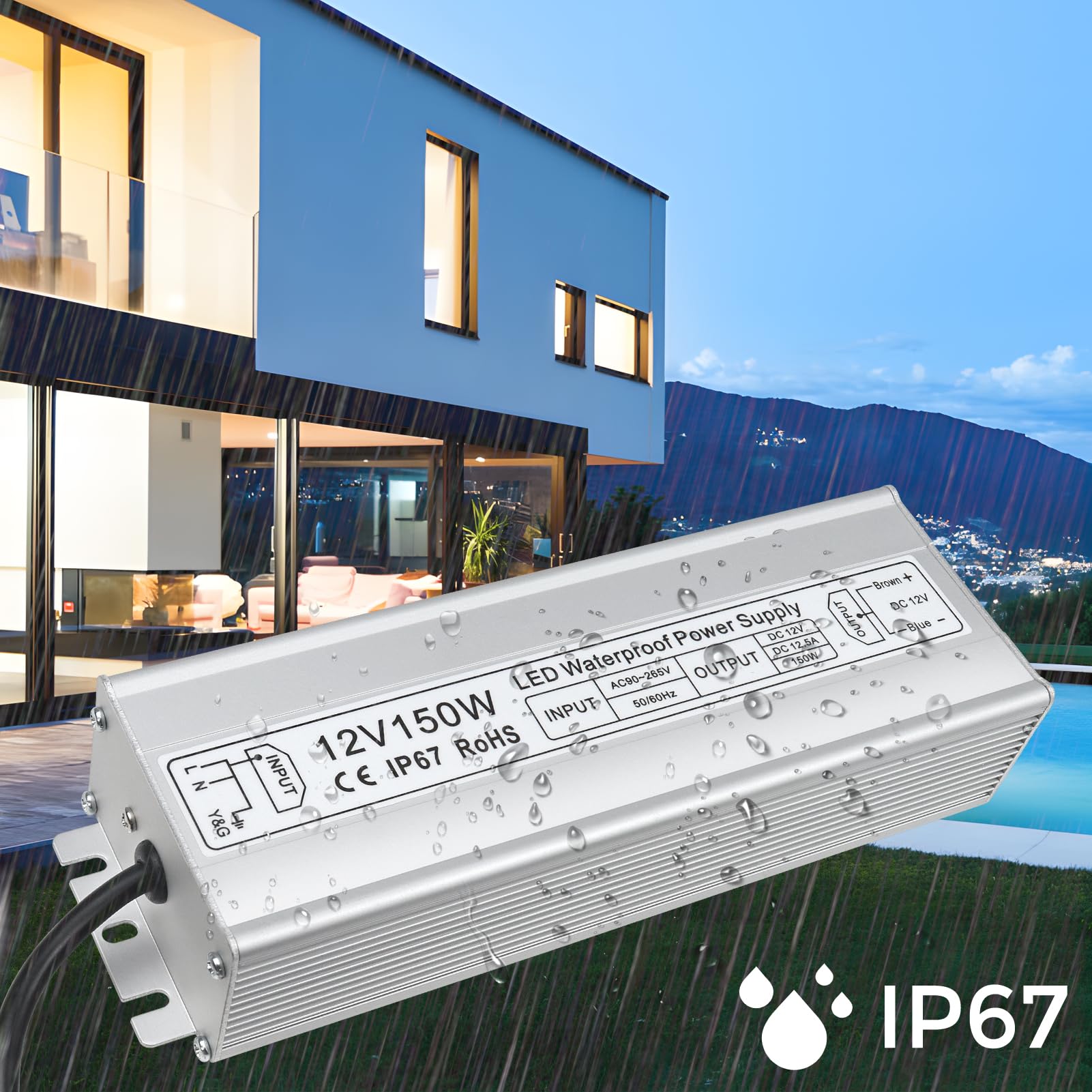 inShareplus Transformador LED 12 V 12,5 A 150 W IP67 impermeable para exteriores, CA 90-265 V a DC 12 V, transformador de bajo voltaje, fuente de alimentación de 12 V para luz LED, proyecto de